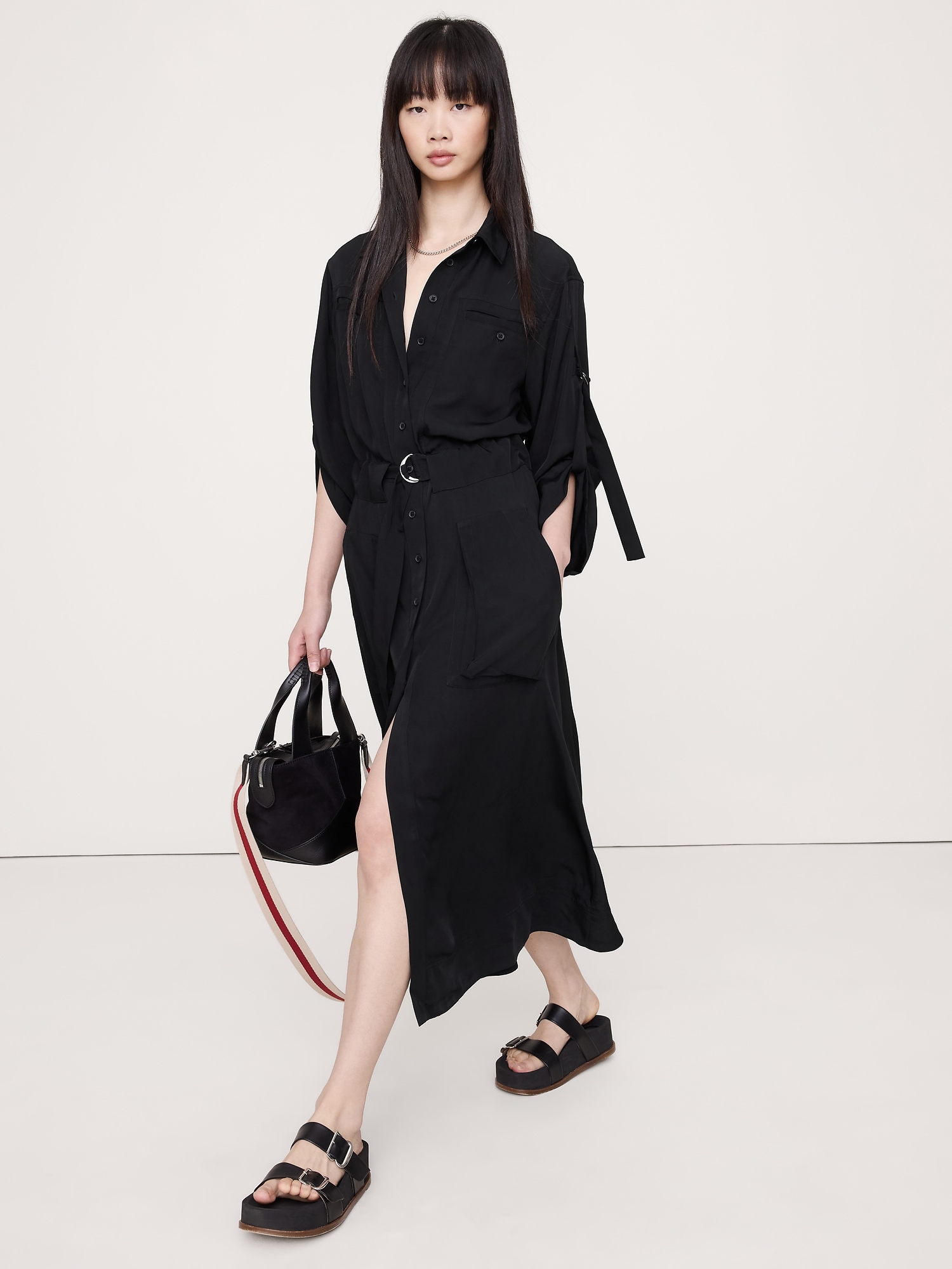 DRAPEY UTILITY SHIRT DRESS - Black