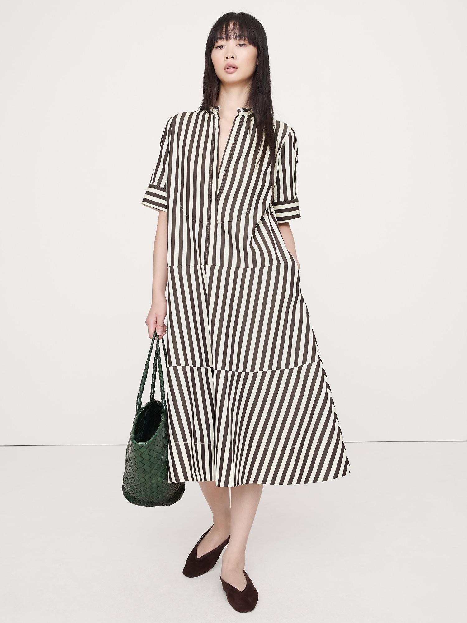 Cotton Poplin Tuxedo-Front Midi Dress