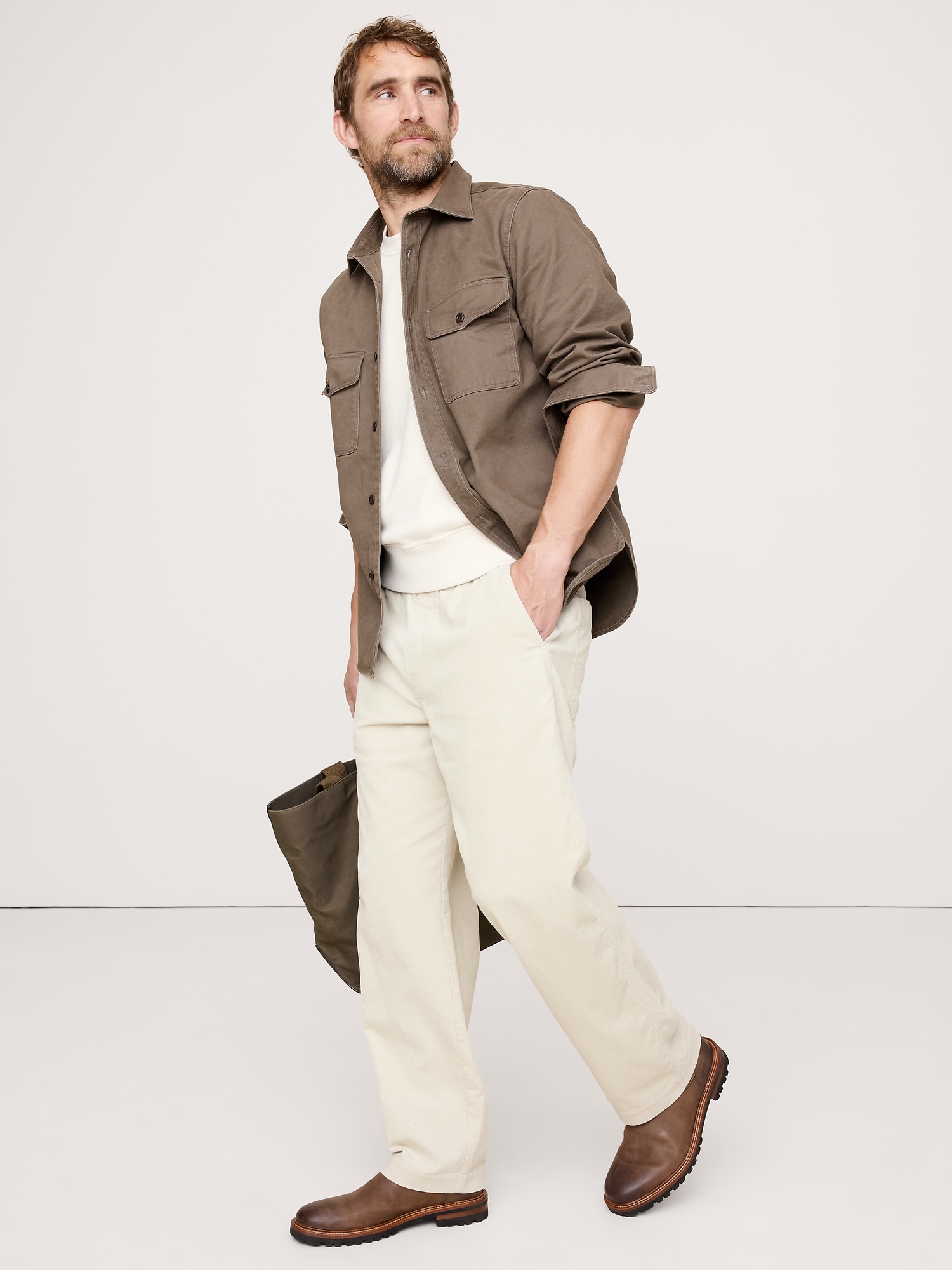 LOOSE CORDUROY PULL-ON PANT - Stone Beige