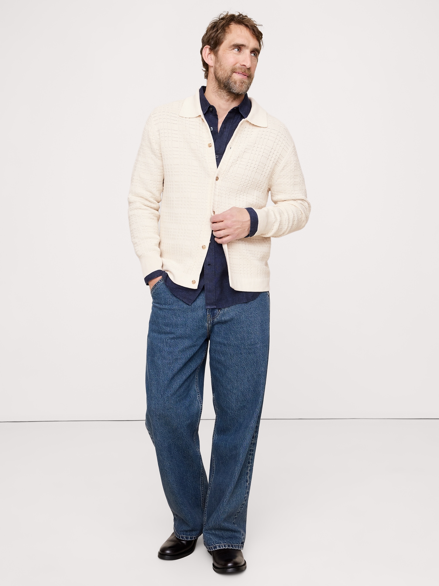 Plaid Texture Cotton Polo Cardigan - Transition Cream White