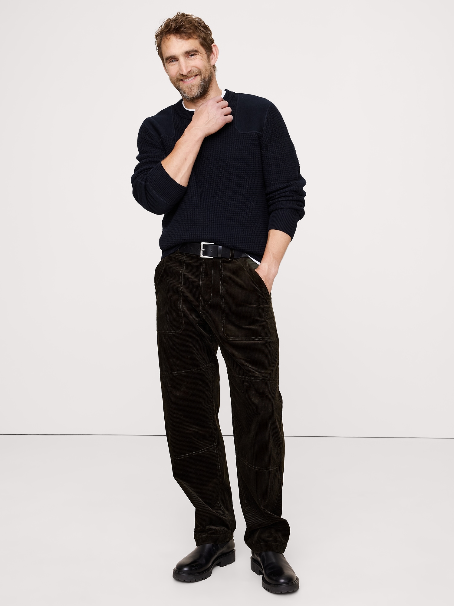 Cotton-Merino Waffle Patch Sweater - Navy Blue
