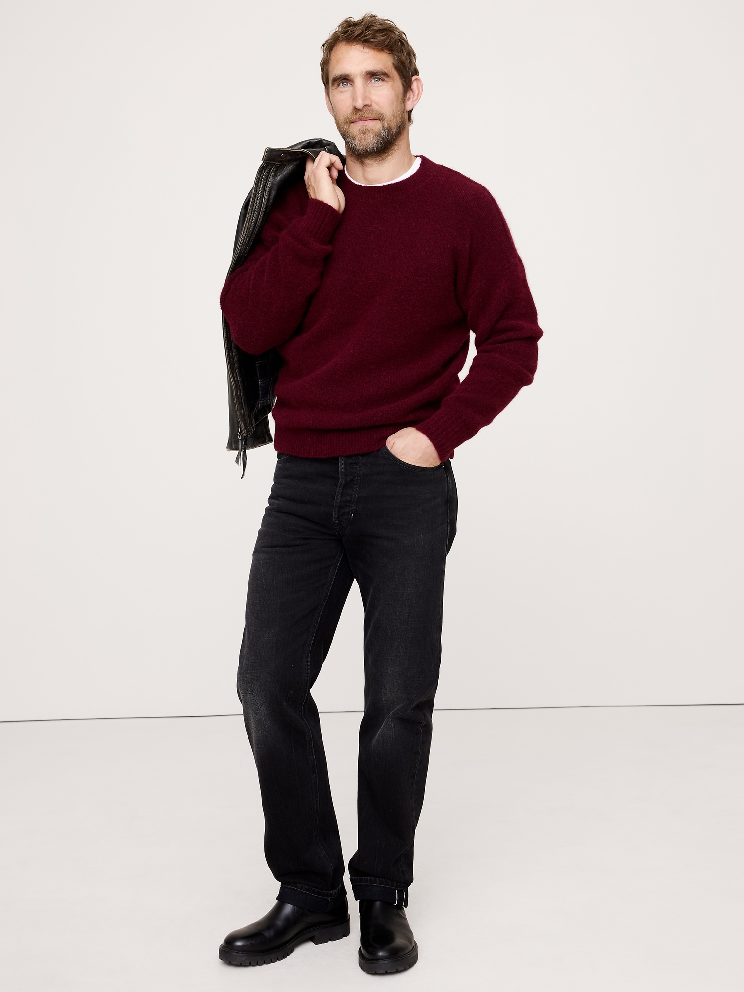 Fluffy Crew-Neck Sweater - Burgundy Red