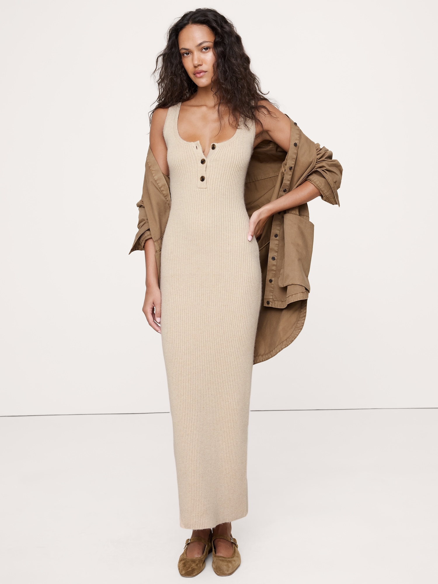 Merino-Cotton Henley Sweater Maxi Dress - Stone Heather