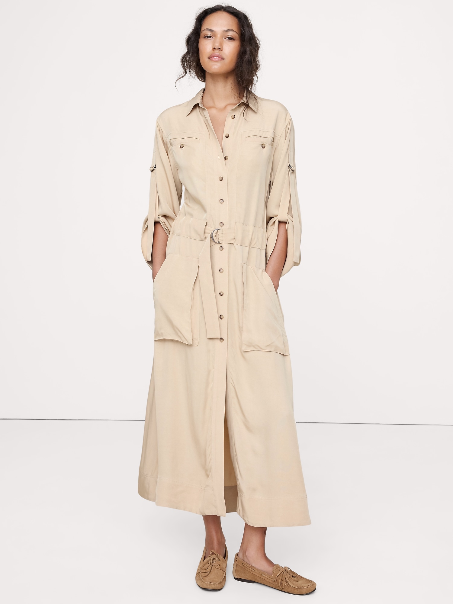 DRAPEY UTILITY SHIRT DRESS - Cashew Cream