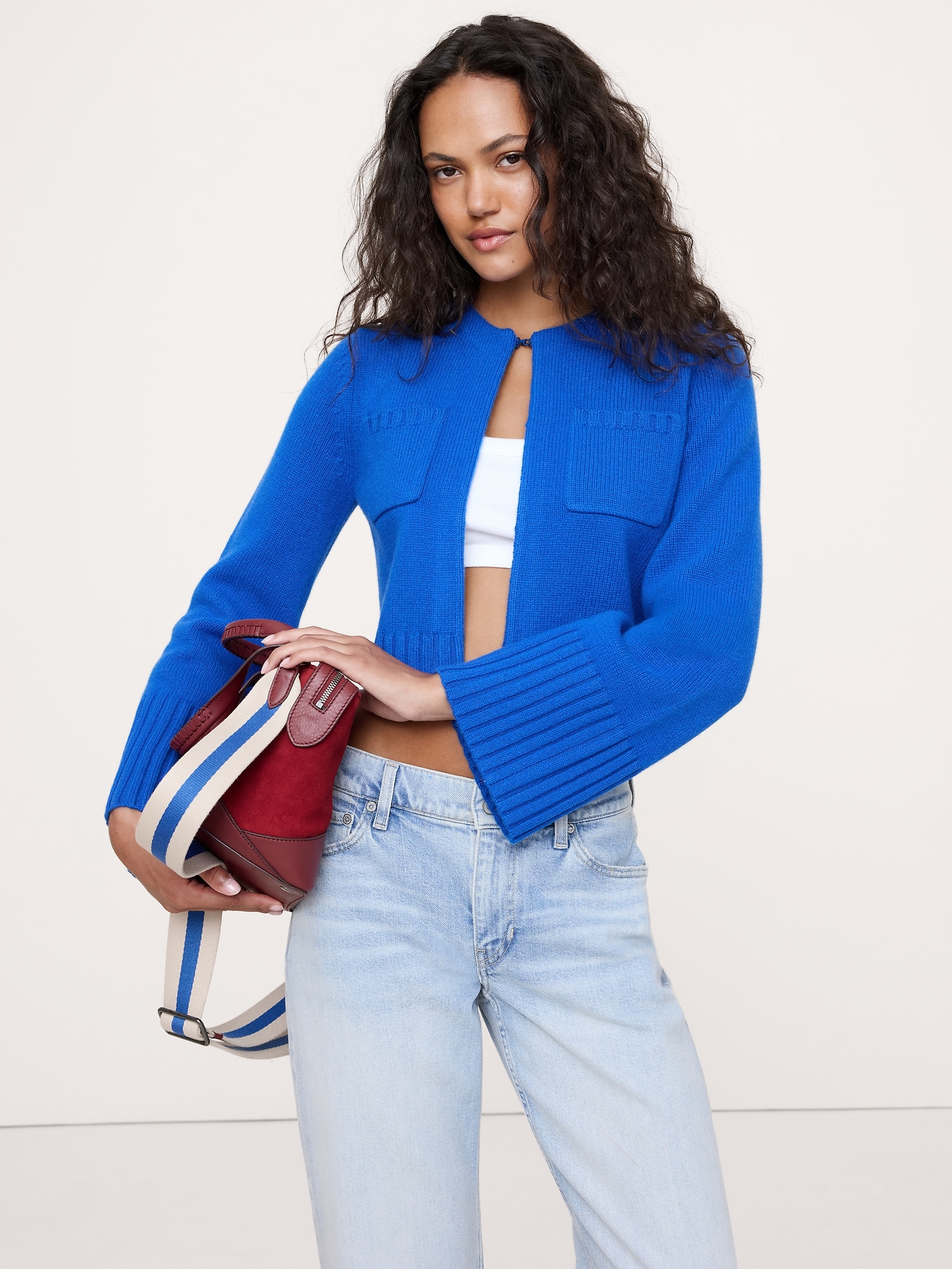 Merino-Cashmere Crop Cardigan - Blue Catamaran