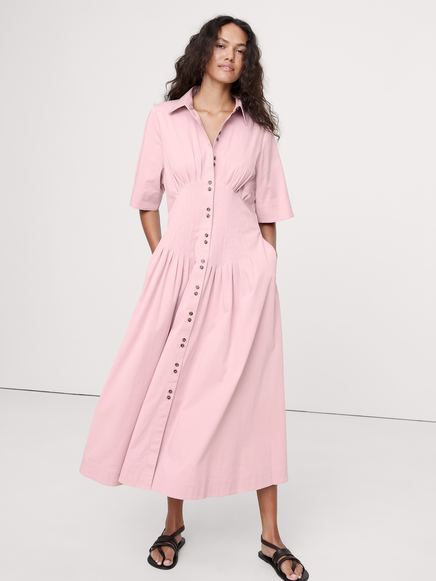 Image number 1 showing, STRETCH-COTTON POPLIN PINTUCK LONG-MIDI SHIRT DRESS