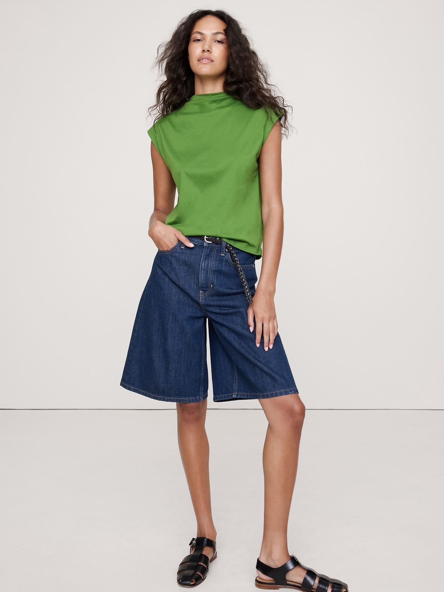 Silky Cotton Mock-Neck Top - Green
