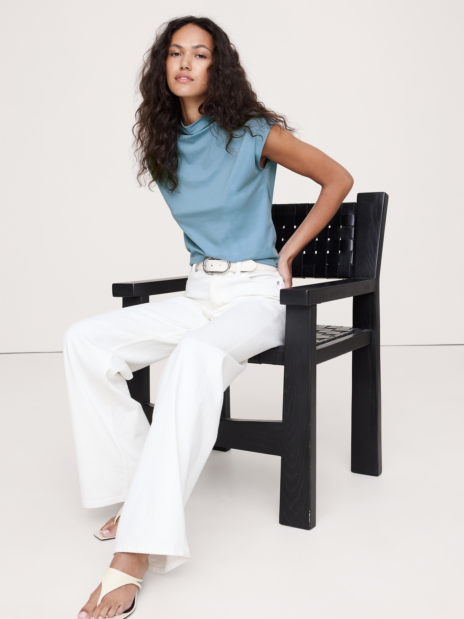Silky Cotton Mock-Neck Top - Blue
