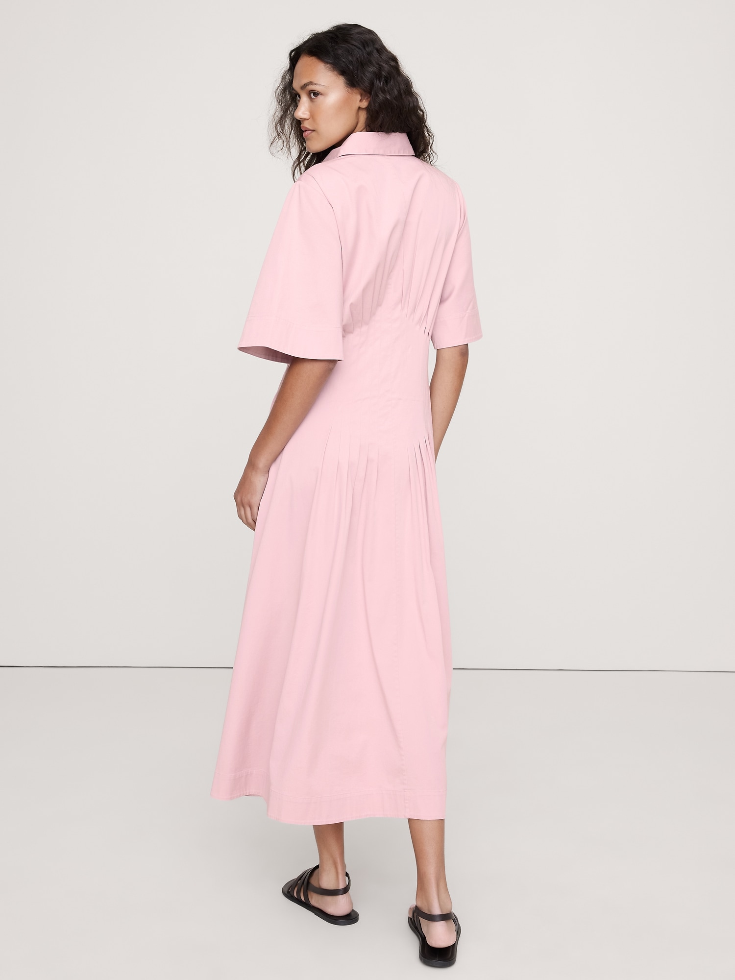 Image number 3 showing, STRETCH-COTTON POPLIN PINTUCK LONG-MIDI SHIRT DRESS