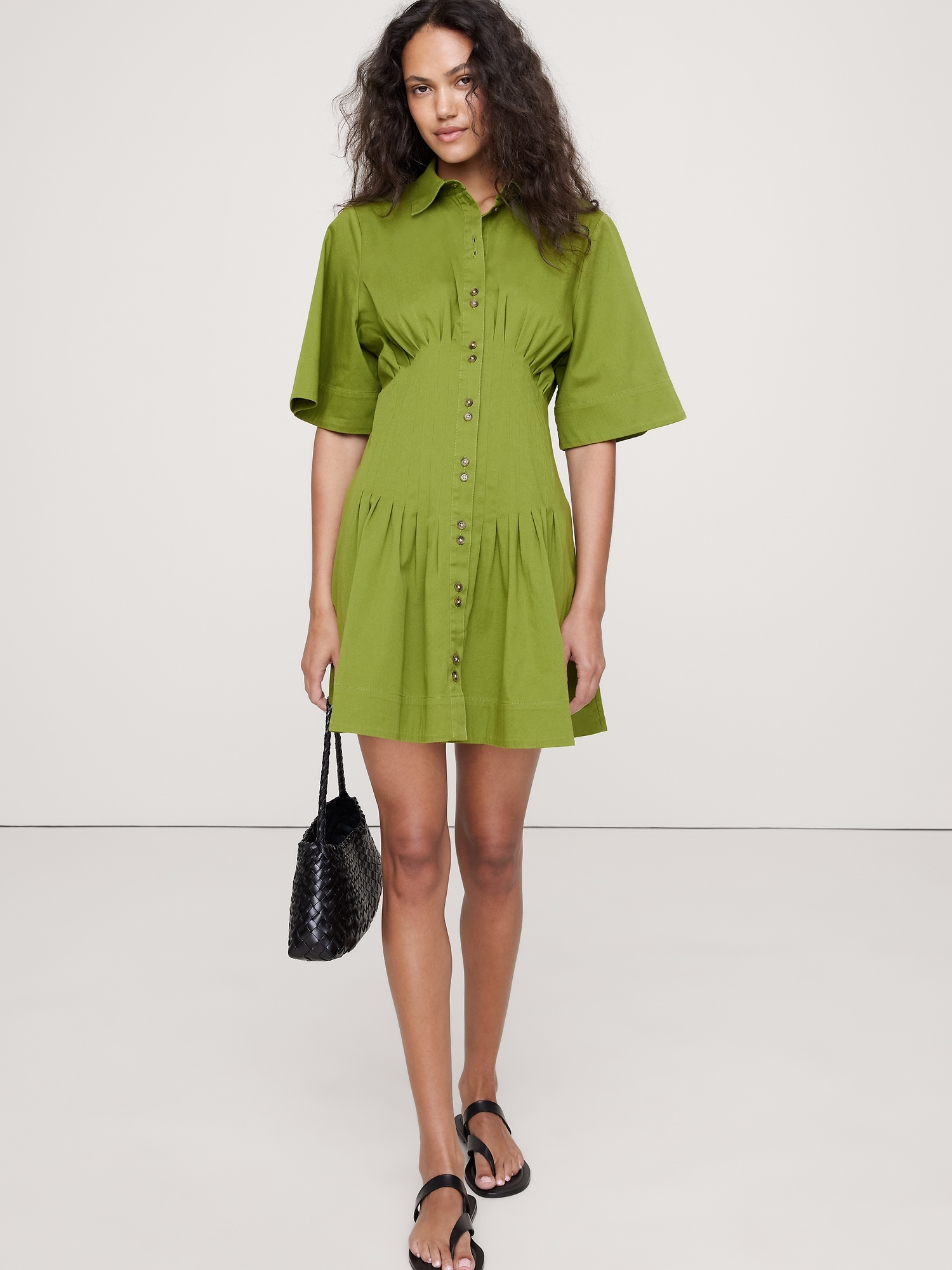 STRETCH-COTTON POPLIN PINTUCK SHIRT DRESS