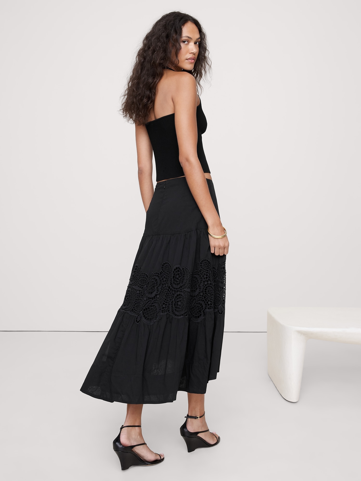 Image number 3 showing, COTTON & LACE DROP-WAIST TIERED SKIRT