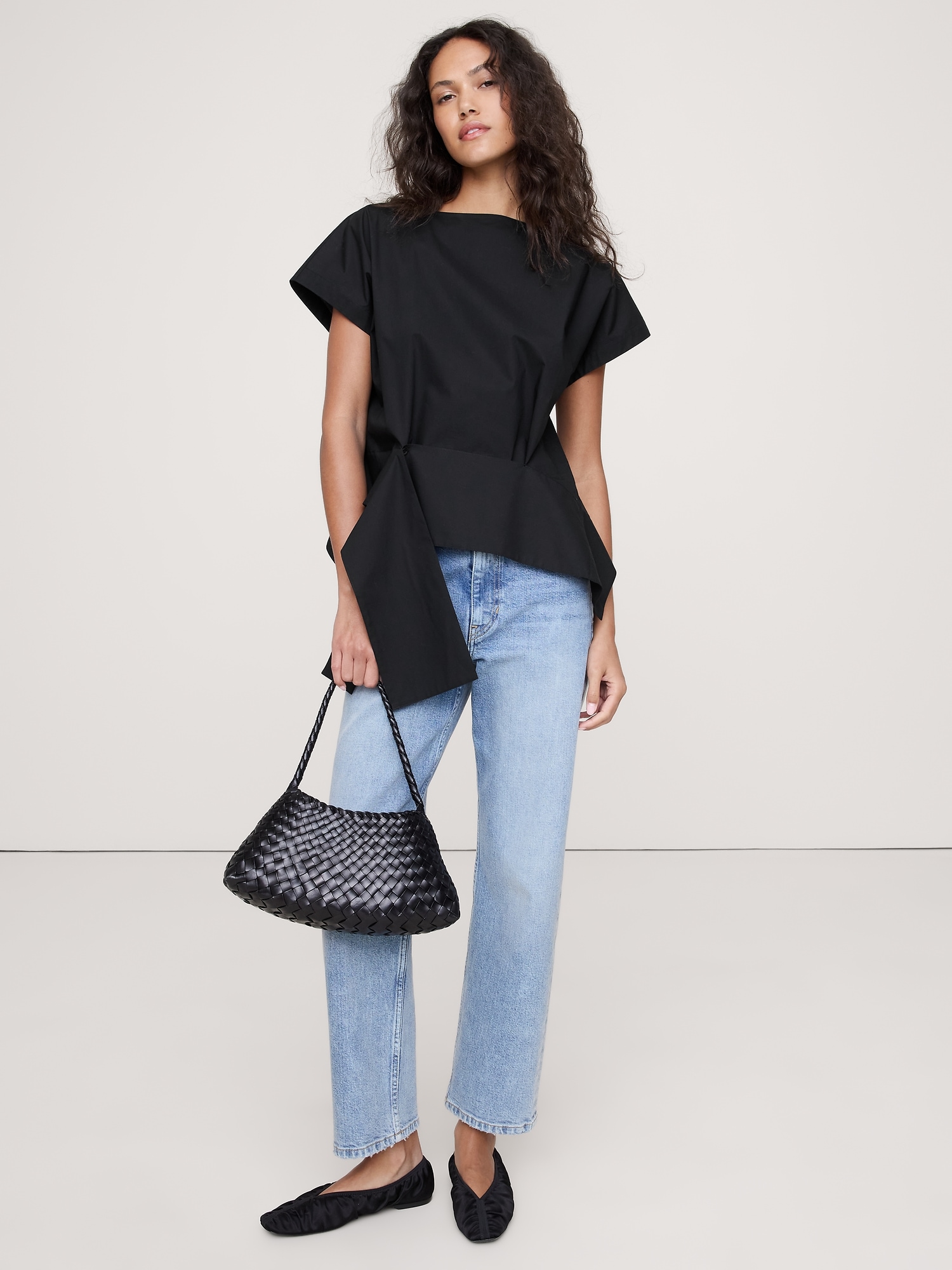 COTTON POPLIN BOATNECK ASYMMETRICAL TOP - Black