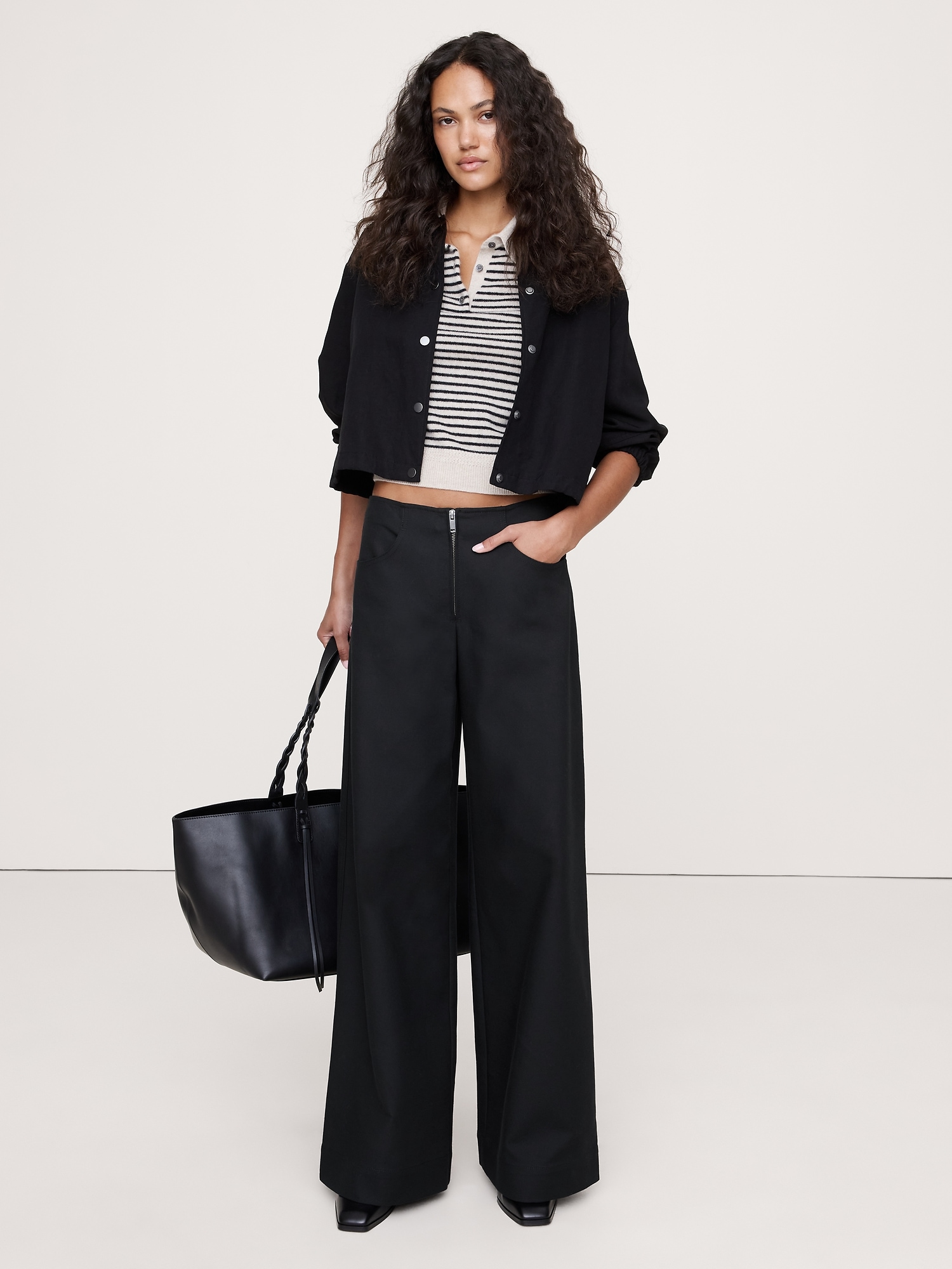 Image number 1 showing, Mid-Rise Wide Leg Zip-Front Pant