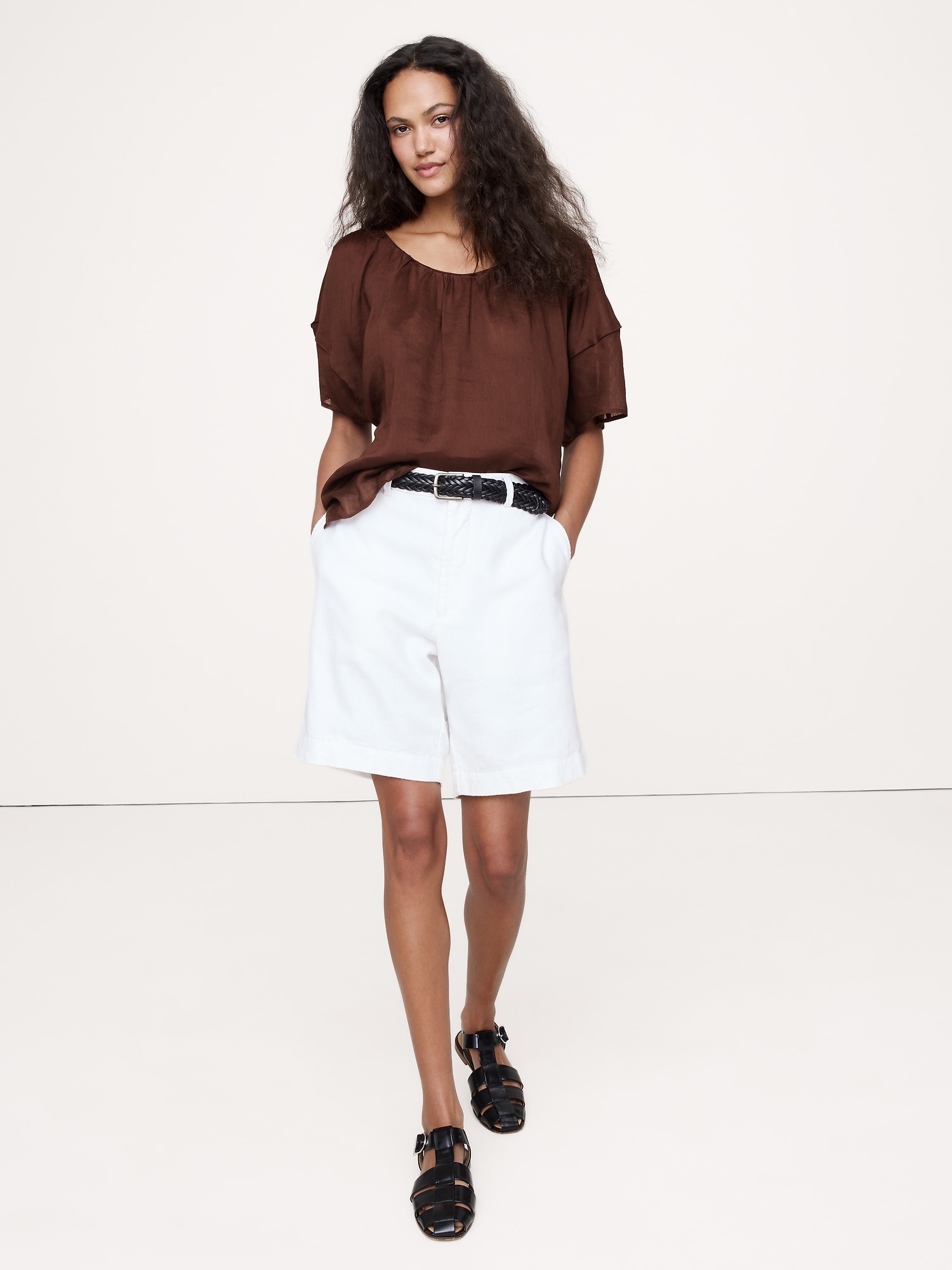 Image number 1 showing, LINEN-VISCOSE GAUZE PUFF-SLEEVE TOP