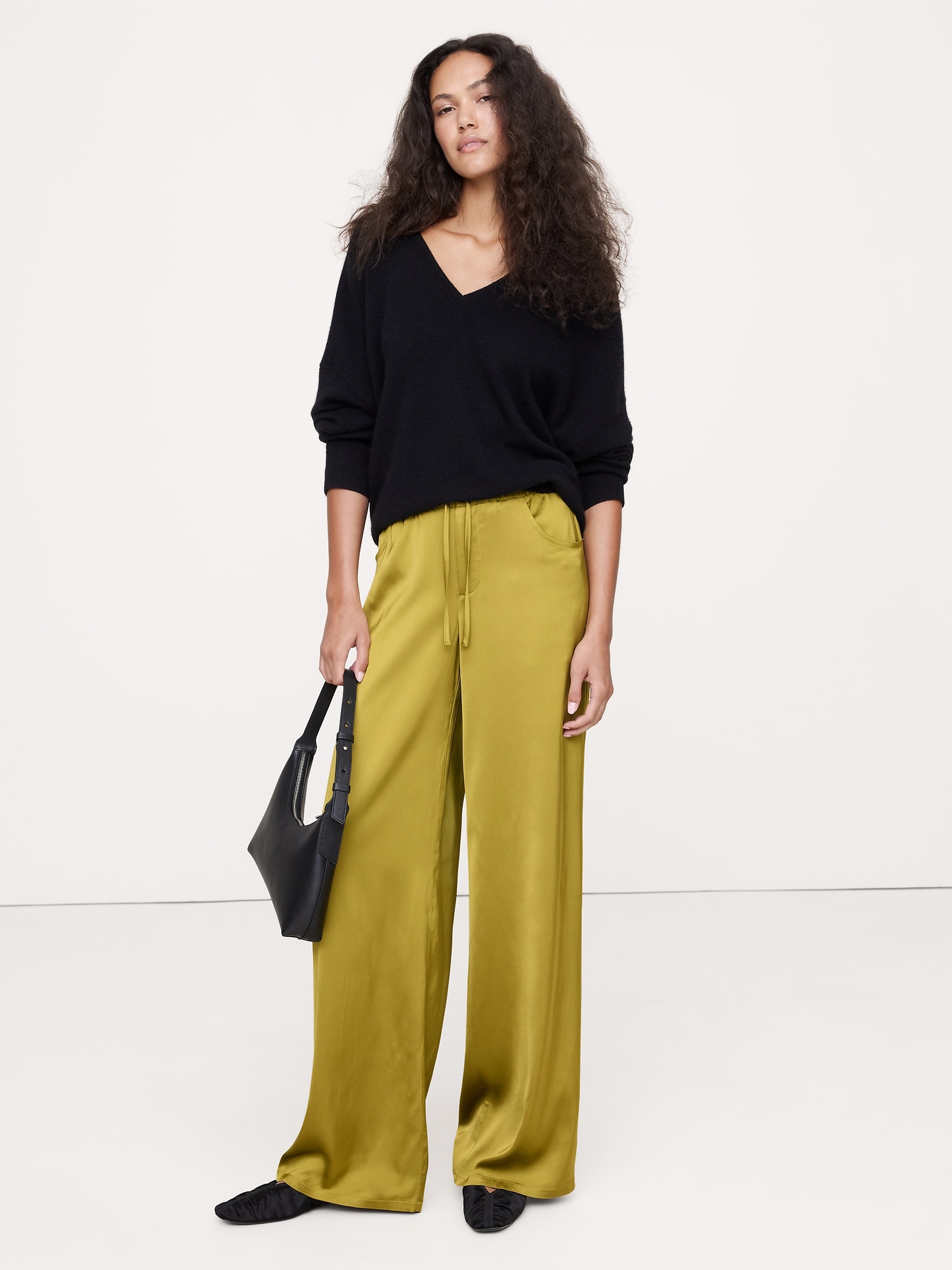 Image number 1 showing, Mid-Rise Wide-Leg Pull-On Stretch-Satin Pant