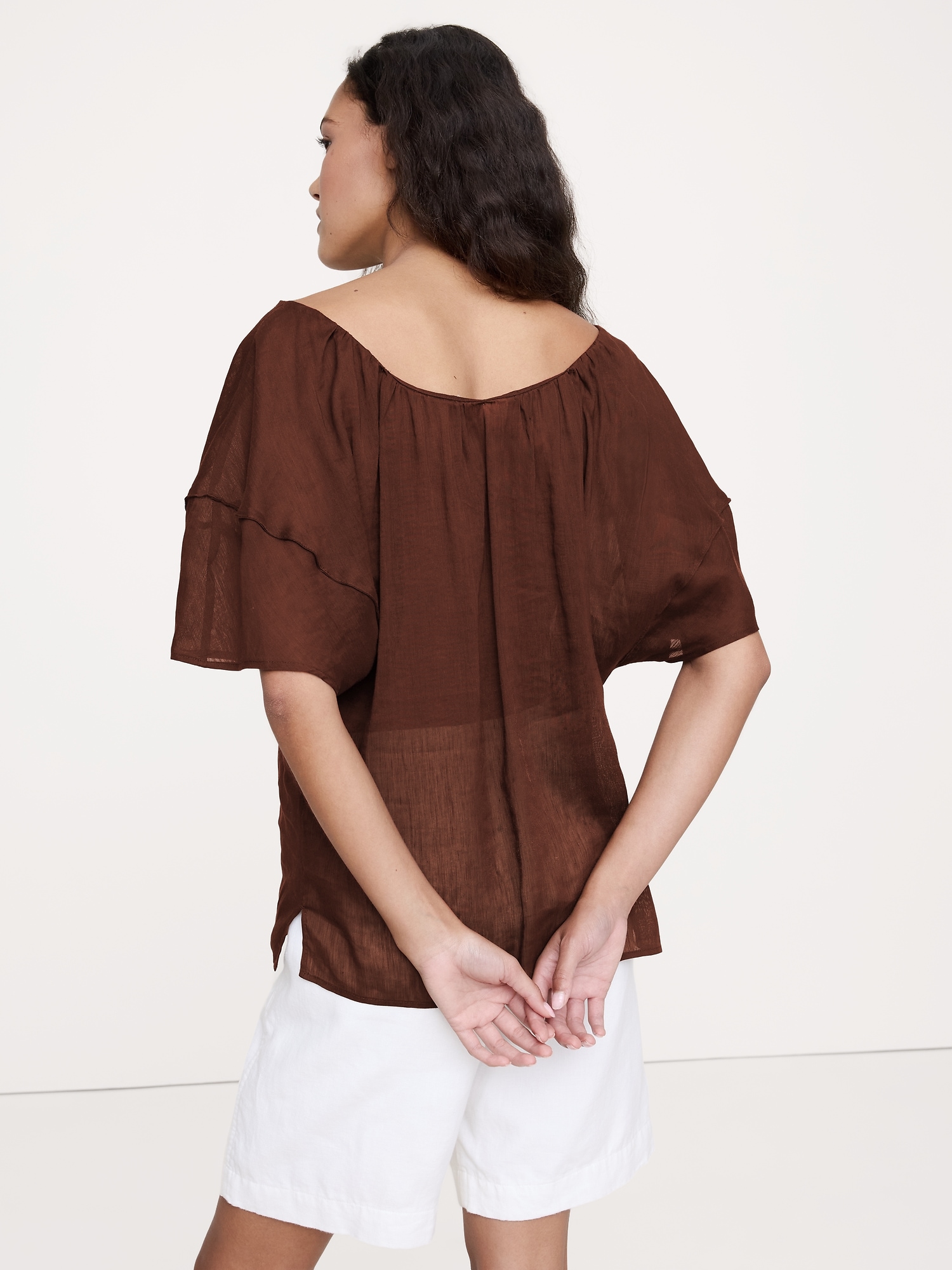 Image number 2 showing, LINEN-VISCOSE GAUZE PUFF-SLEEVE TOP