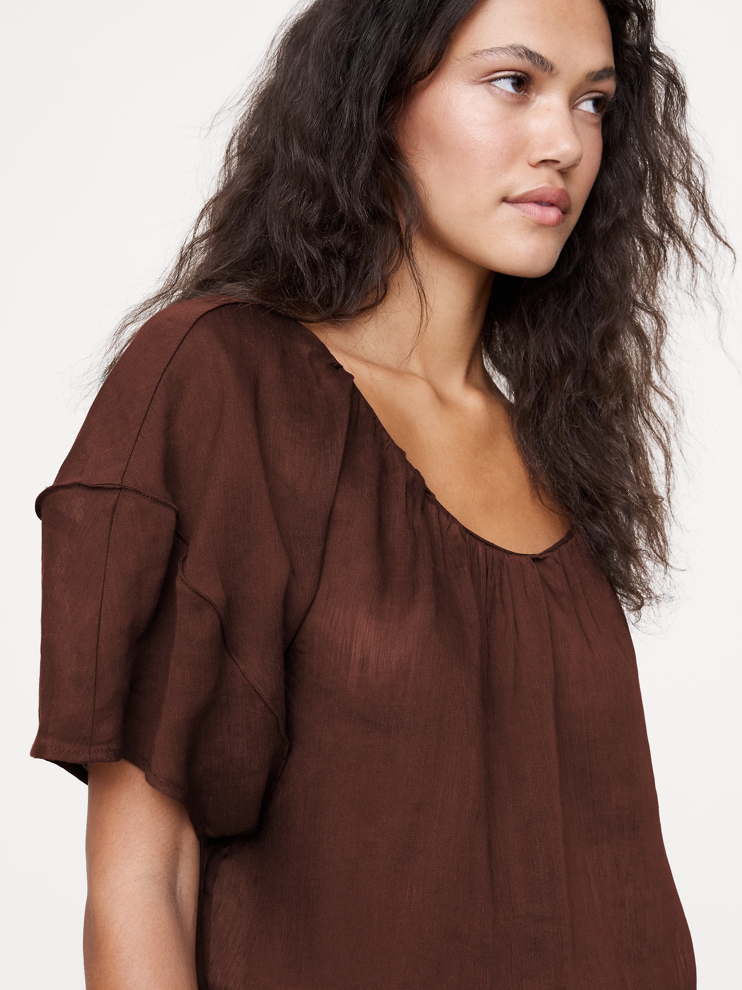 Image number 3 showing, LINEN-VISCOSE GAUZE PUFF-SLEEVE TOP
