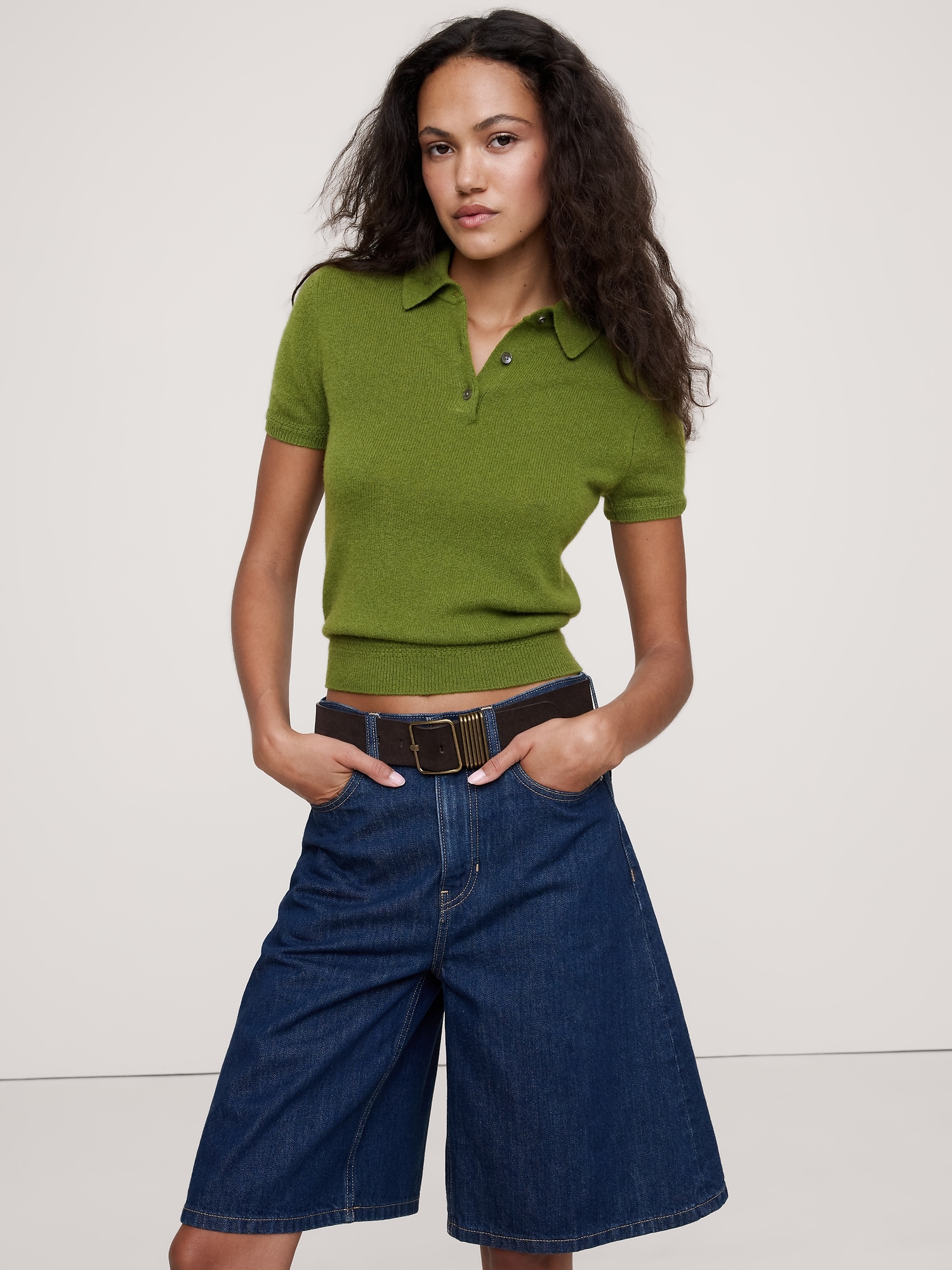 Lightweight Cashmere Short-Sleeve Sweater Polo - Leafy Green