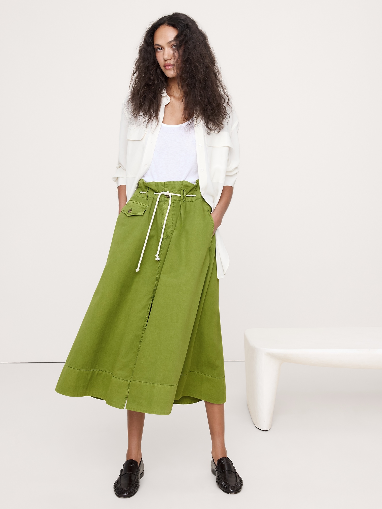 Image number 1 showing, COTTON POPLIN LONG MIDI SKIRT WITH ROPE TIE