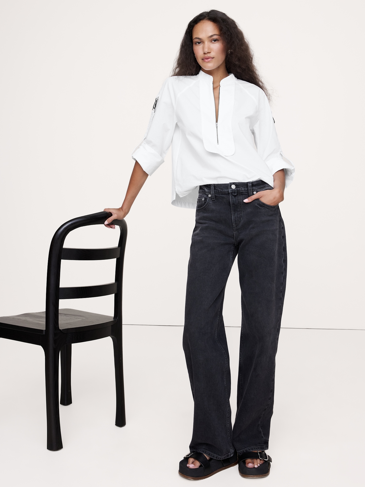 Image number 1 showing, COTTON POPLIN ZIP POPOVER TOP