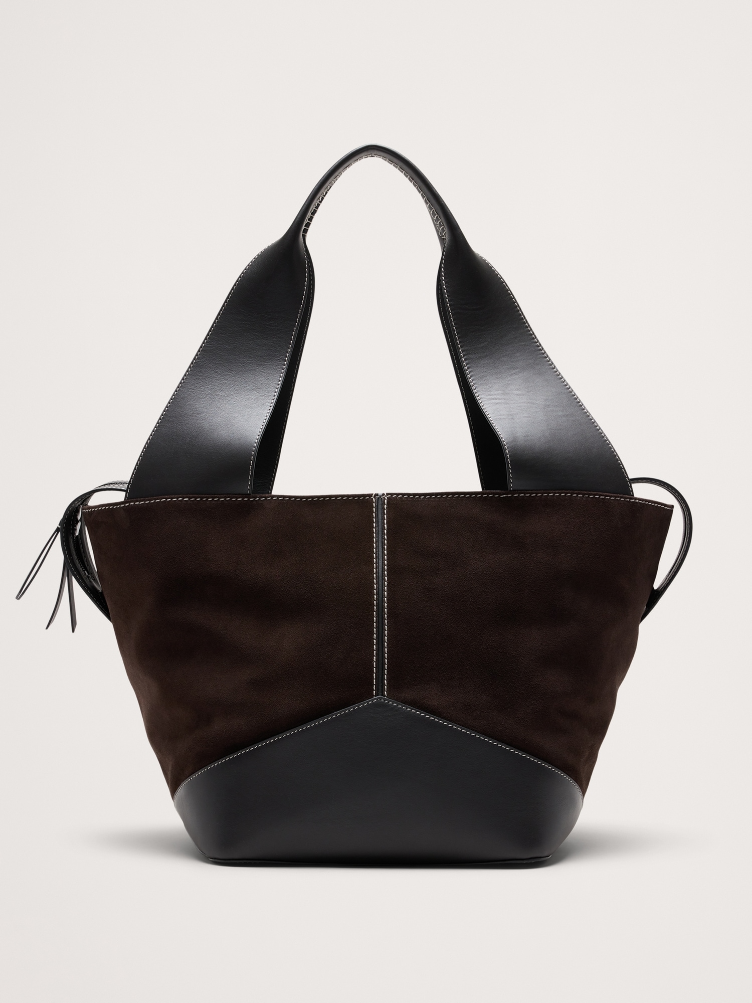 Large Patchwork Medium Zip Tote - Chocolate Brown Suede & Black Leather