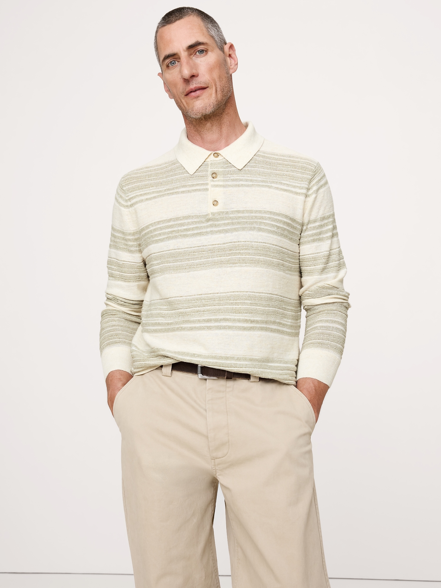 Stripe Cotton-Linen Sweater Polo - Spa Green