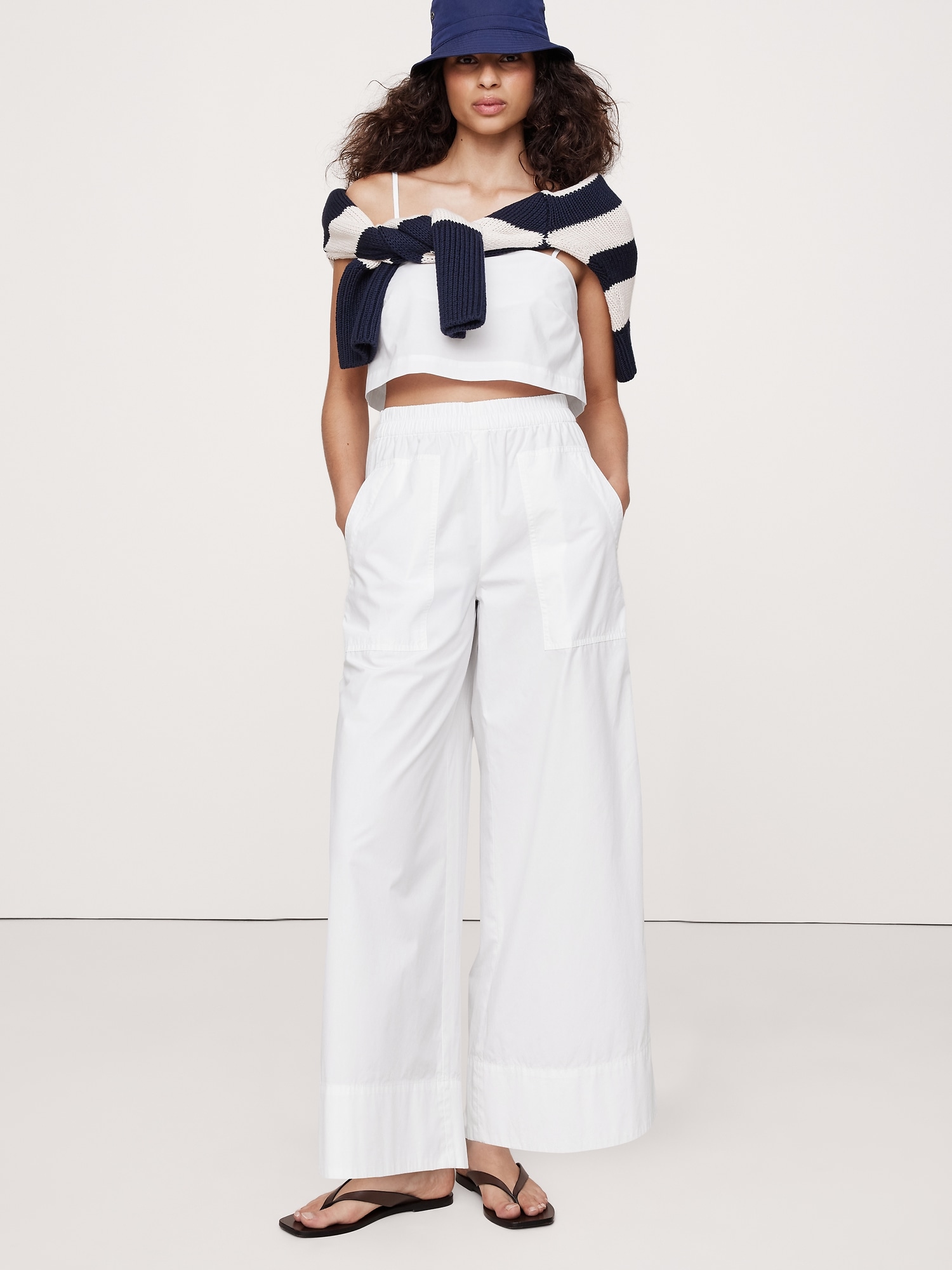 Wide-Leg Cotton Poplin Pull-On Ankle Pant - White
