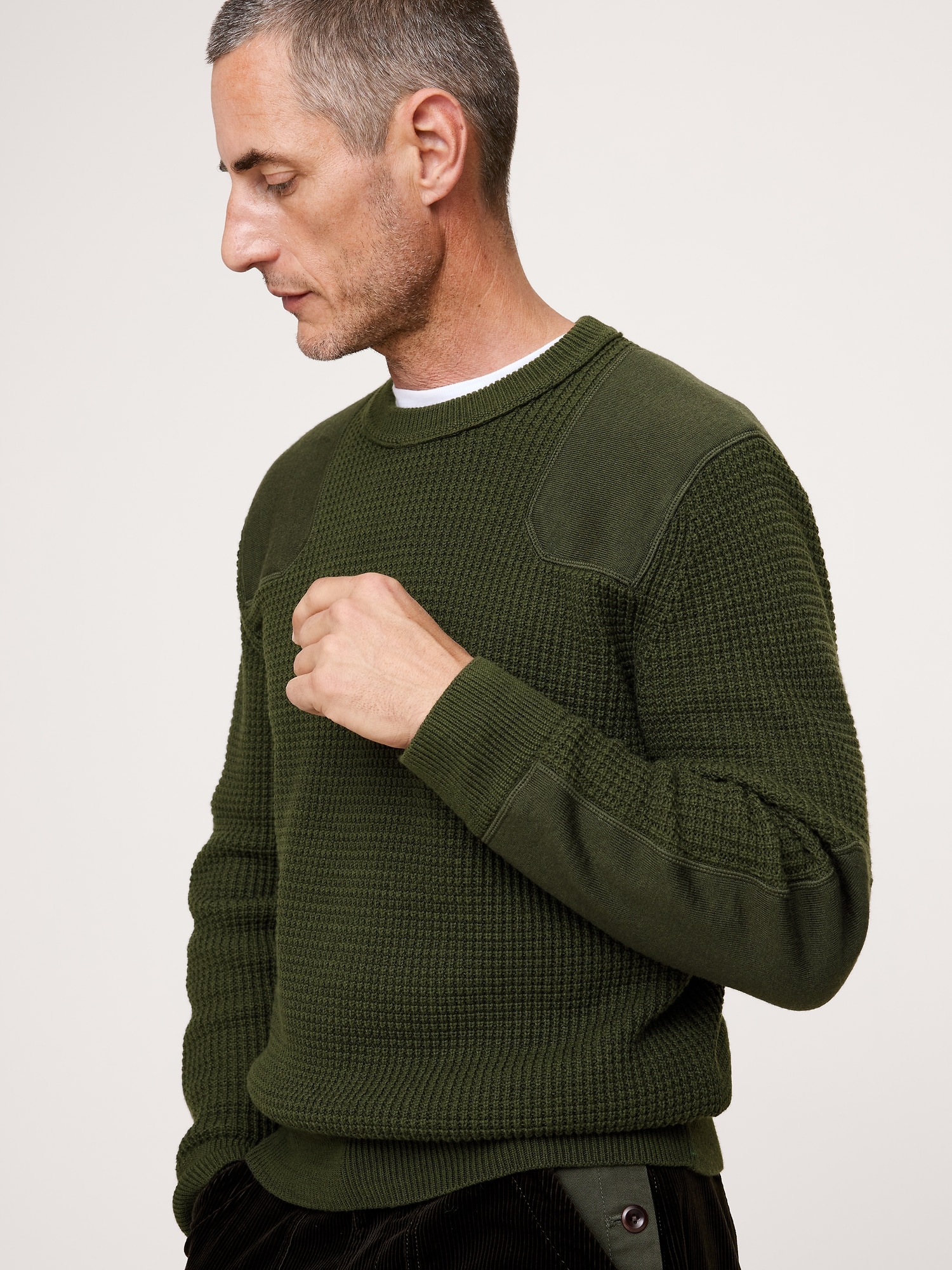 Cotton-Merino Waffle Patch Sweater - Dark Trees Green