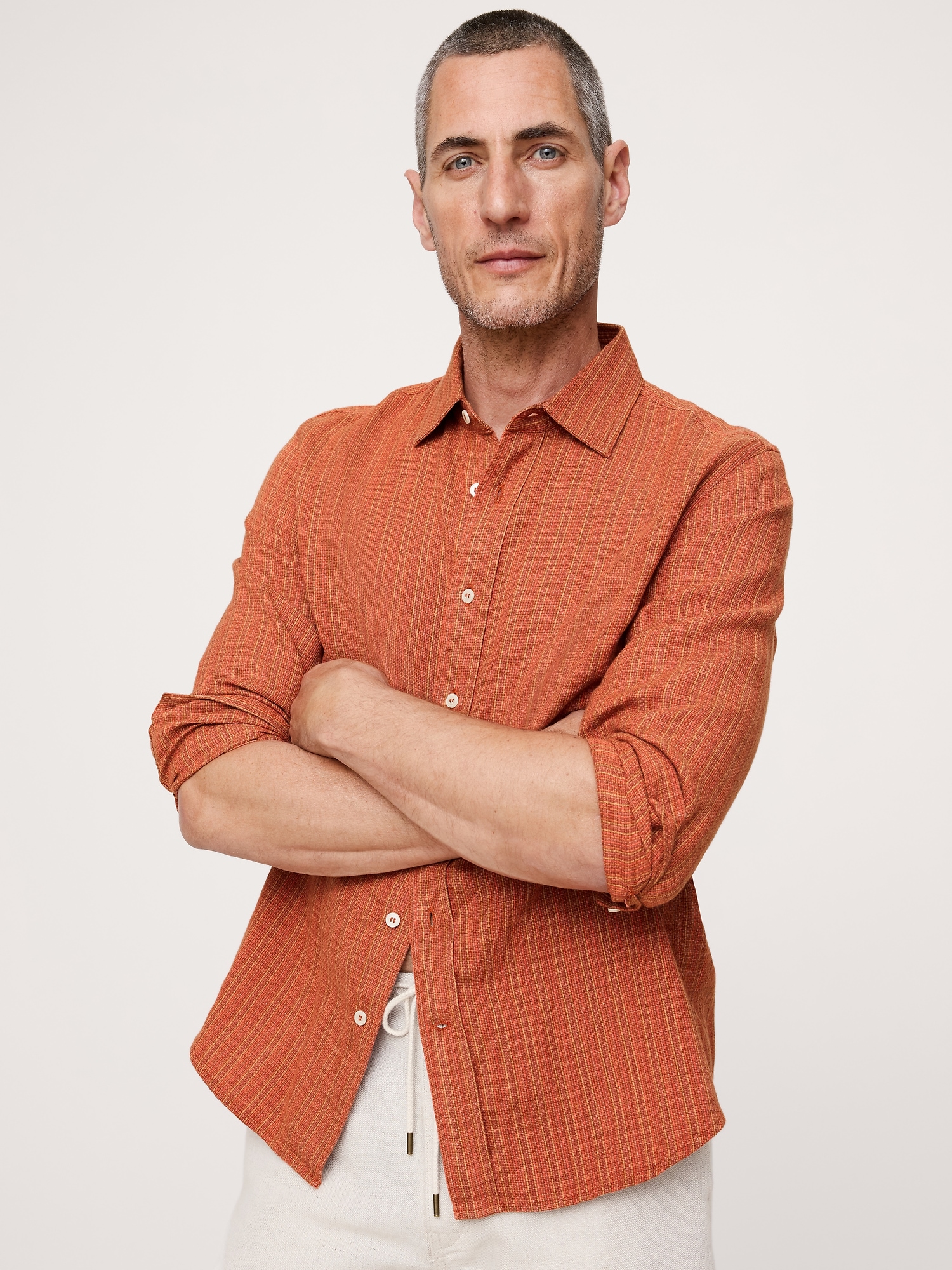 TEXTURED SHIRT WITH LINEN - Orange Texture
