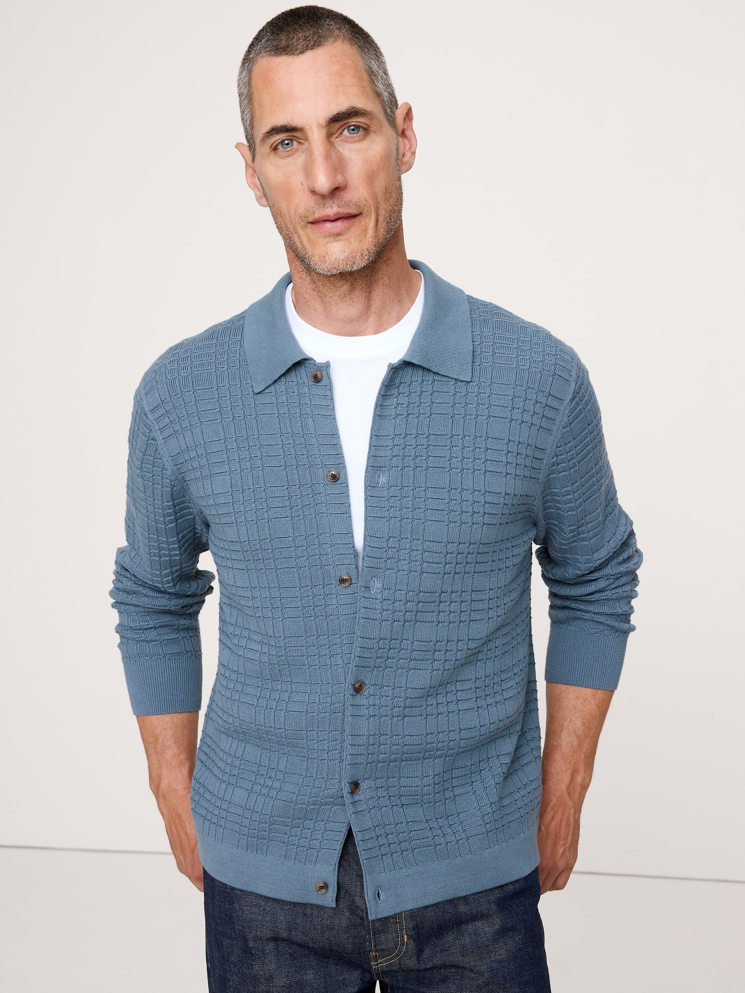 Plaid Texture Cotton Polo Cardigan - Atmospheric Blue