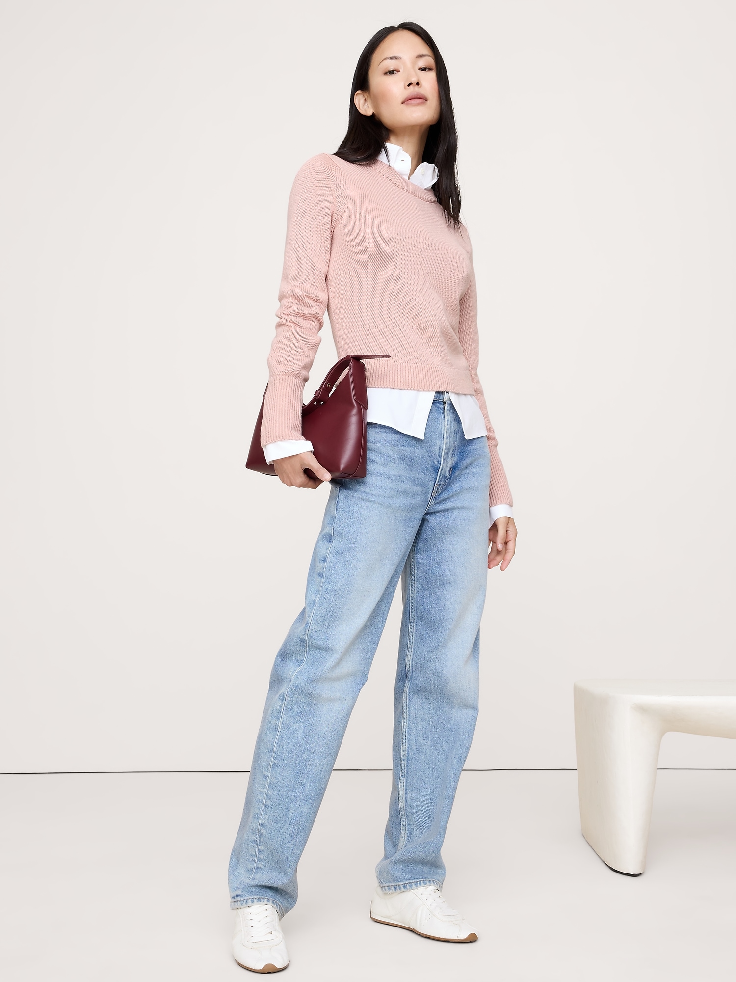 Cotton-Silk Crew-Neck Sweater - Dusty Rose Pink