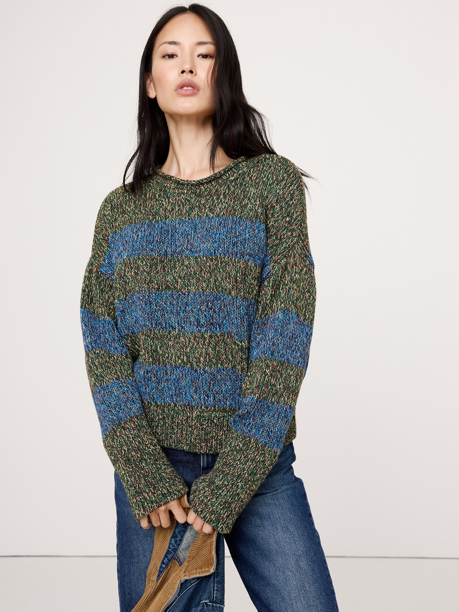 Cotton Roll-Neck Sweater - Dark Multi Stripe