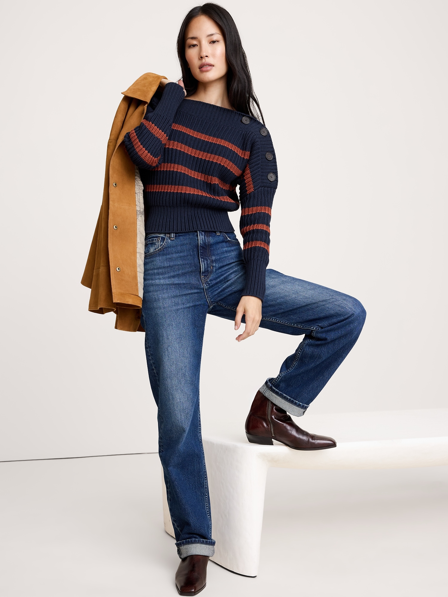 Cotton Button-Shoulder Sweater - Navy Blue With Red Stripe