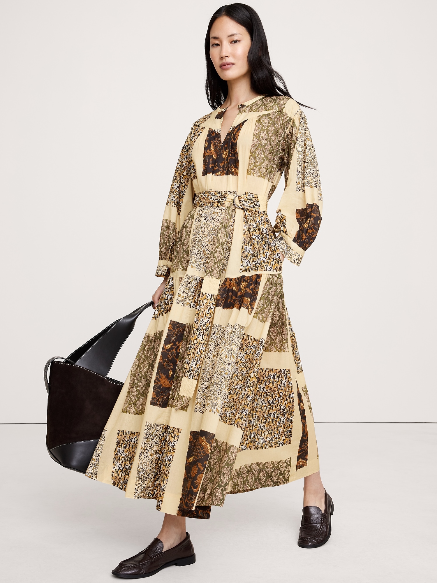 Cotton Tiered Maxi Shirt Dress - Dark Paisley Patchwork