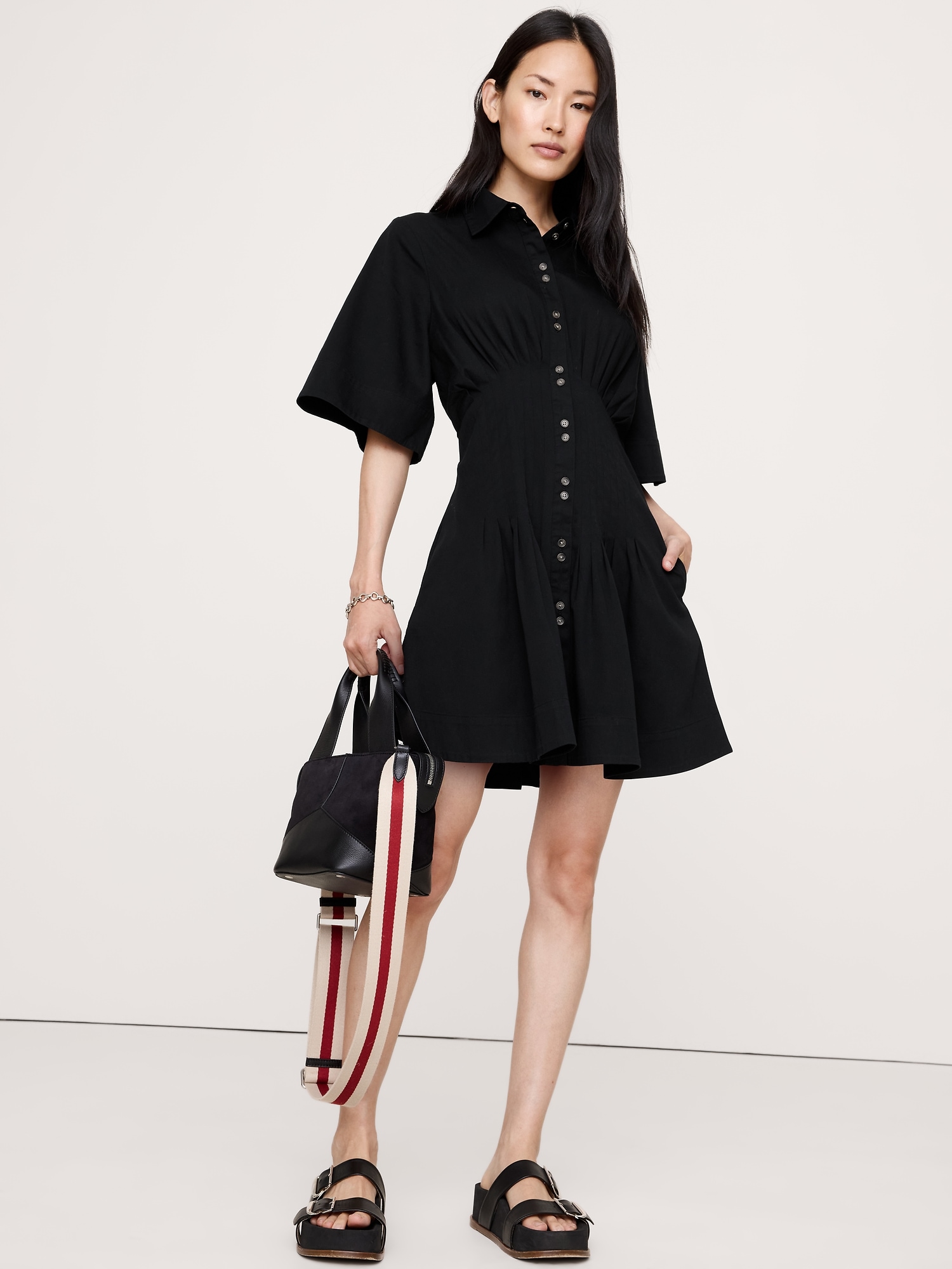 STRETCH-COTTON POPLIN PINTUCK SHIRT DRESS