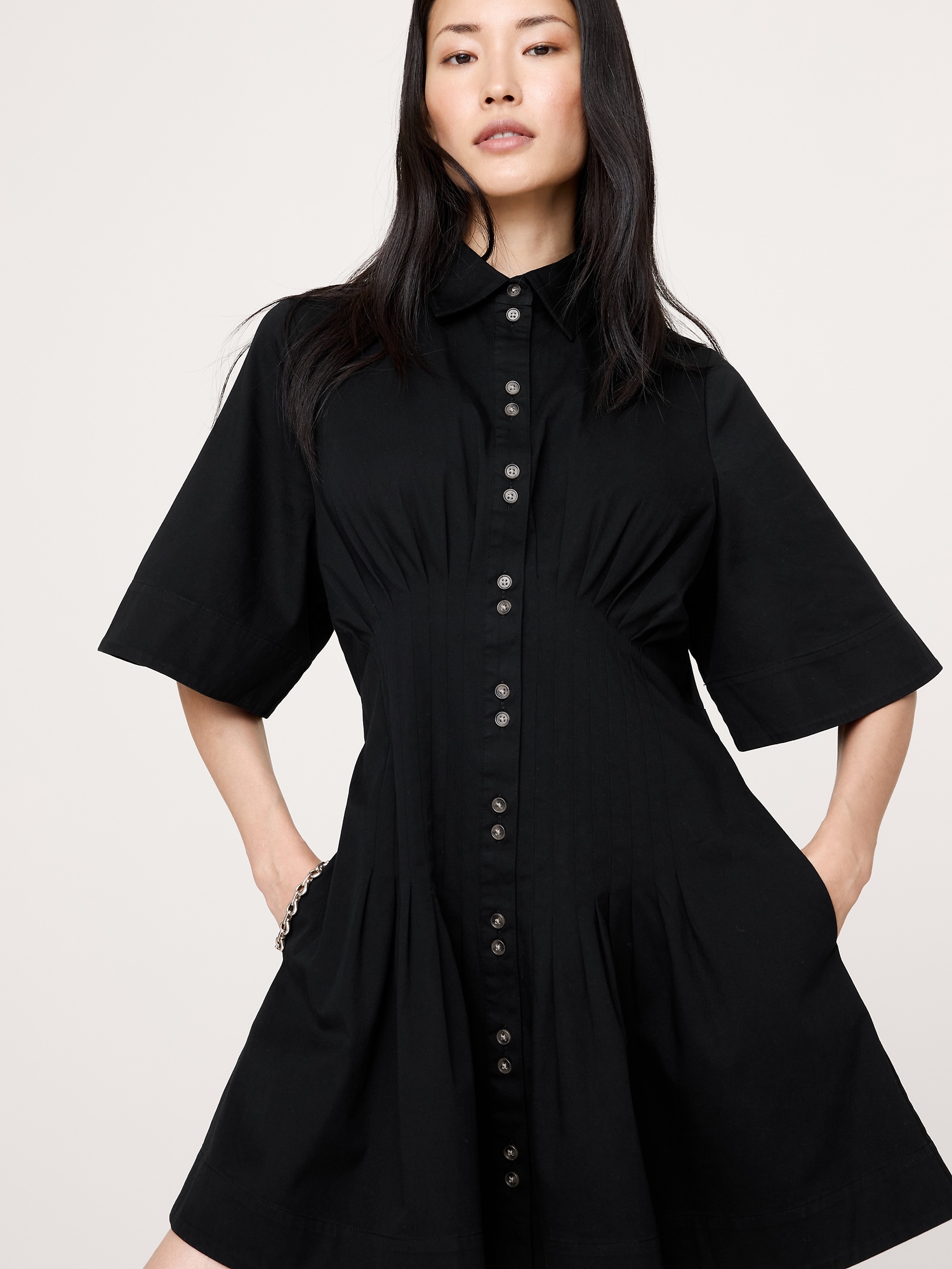 Image number 4 showing, STRETCH-COTTON POPLIN PINTUCK SHIRT DRESS