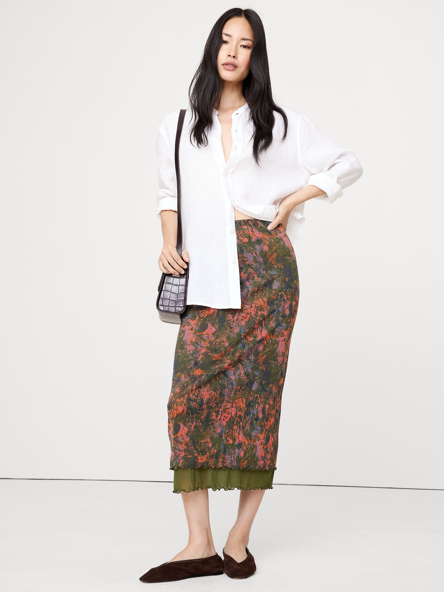 Image number 1 showing, LETTUCE-HEM MESH MIDI SKIRT