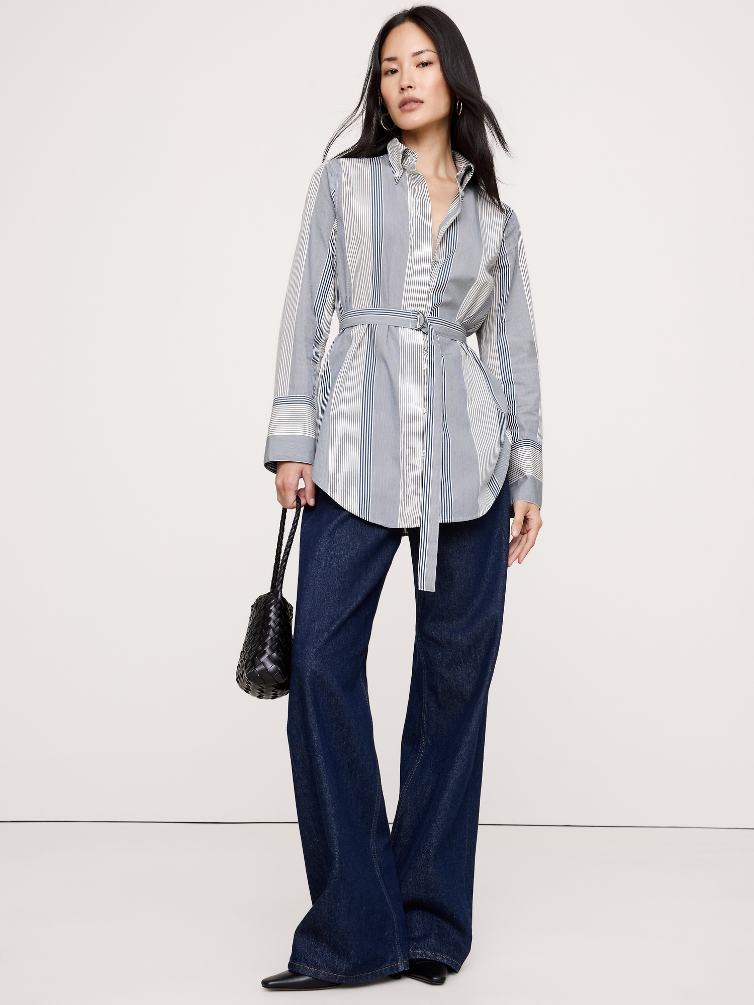 Cotton Poplin Belted Tunic Shirt - Navy Blue Mini Stripe