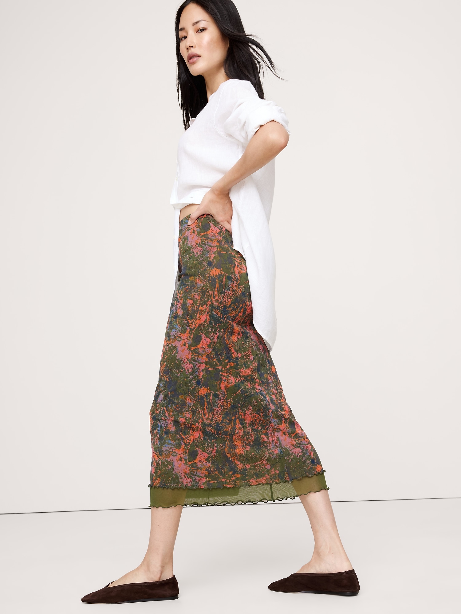 Image number 3 showing, LETTUCE-HEM MESH MIDI SKIRT