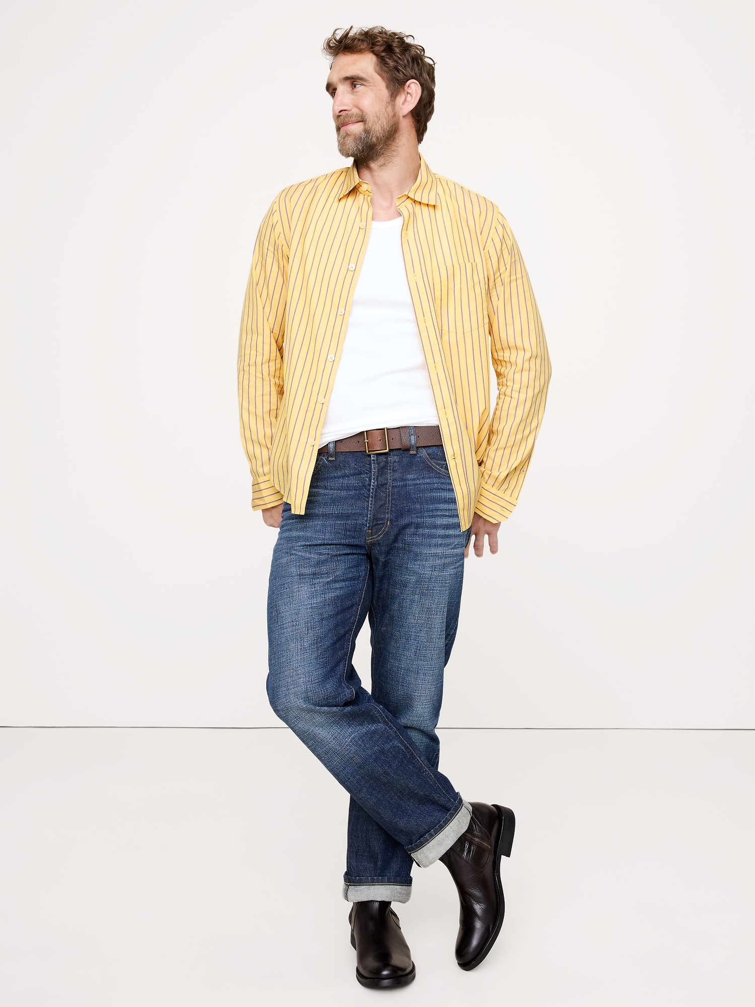 Standard-Fit Washed Cotton Poplin Shirt - Yellow Stripe