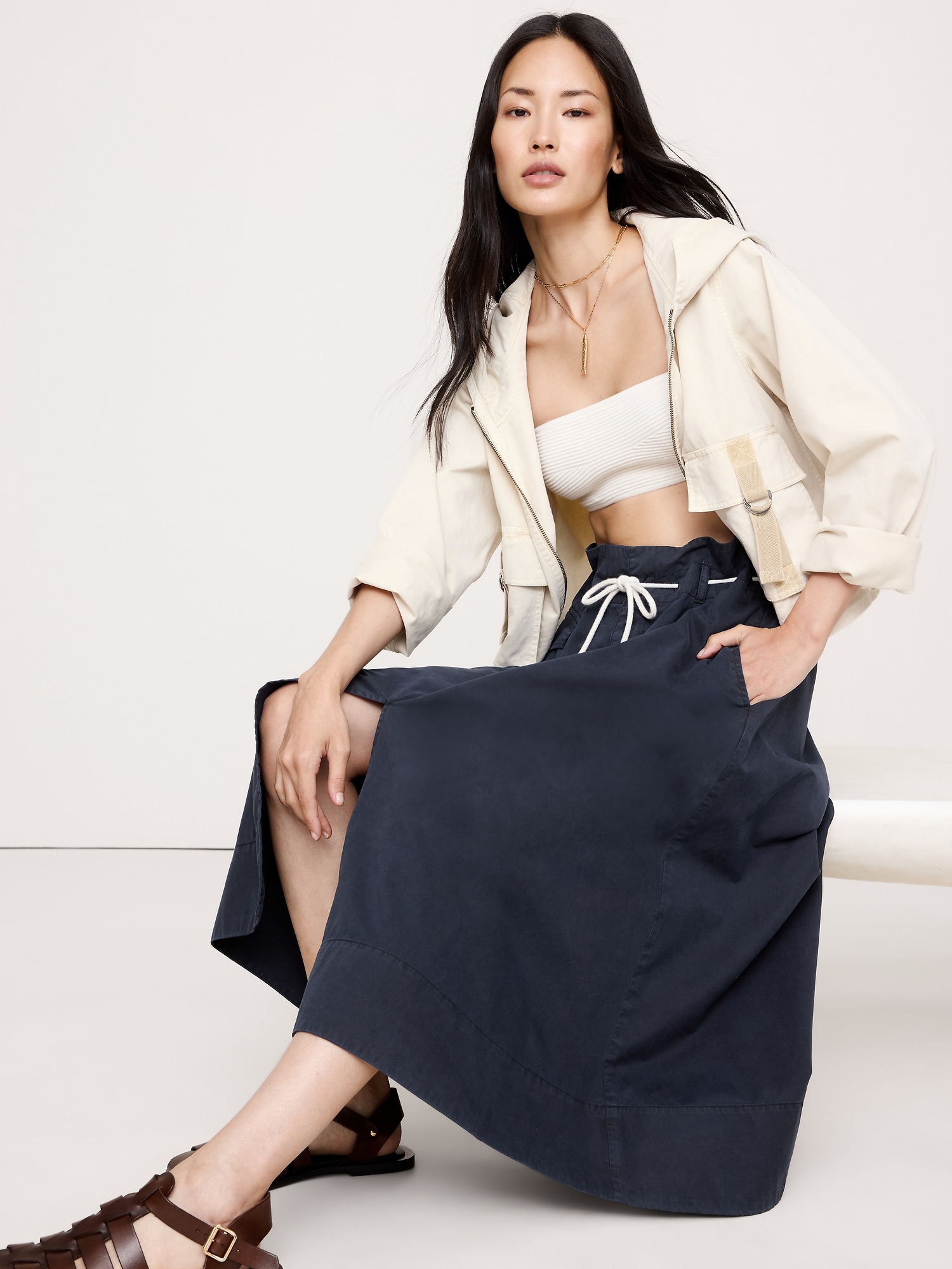 Image number 3 showing, COTTON POPLIN LONG MIDI SKIRT WITH ROPE TIE