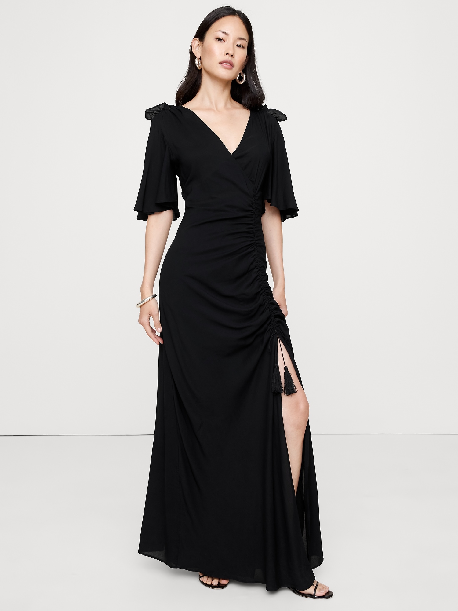 STRETCH-CREPE FLUTTER-SLEEVE MAXI DRESS - Black