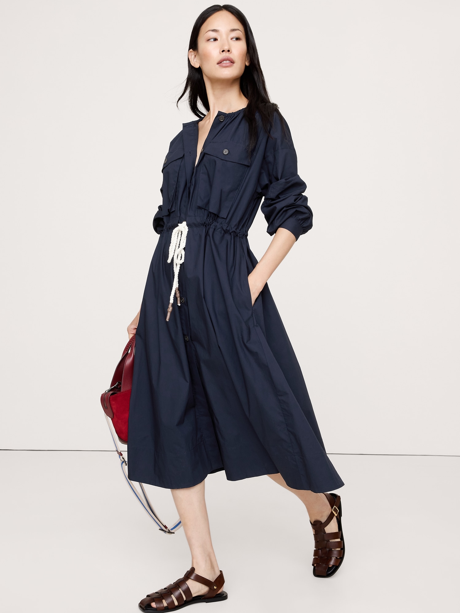 COTTON POPLIN POCKET MIDI SHIRTDRESS - Navy Blue