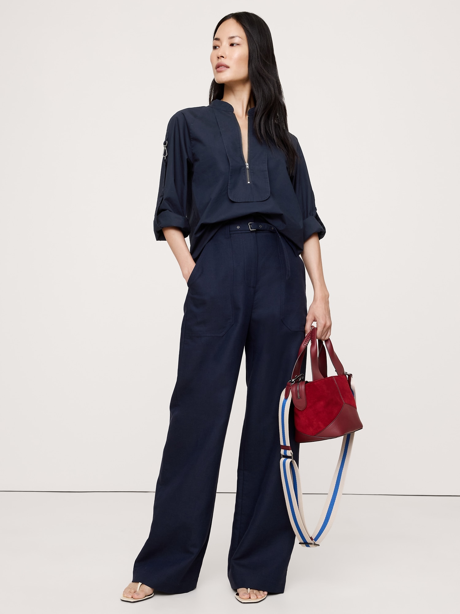 COTTON POPLIN ZIP POPOVER TOP - Navy Blue