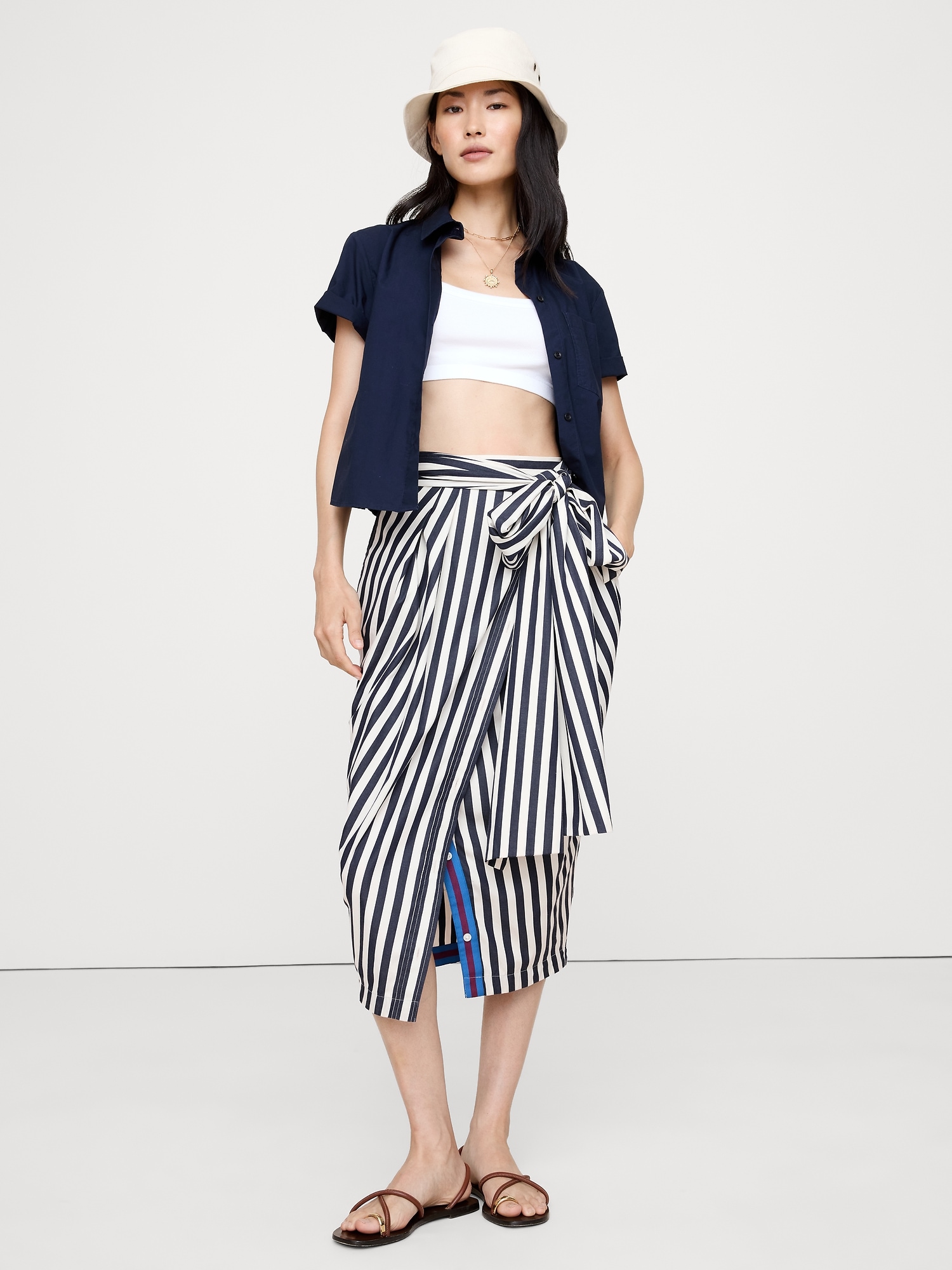 Image number 1 showing, COTTON POPLIN SHIRT-SLEEVE MIDI SKIRT
