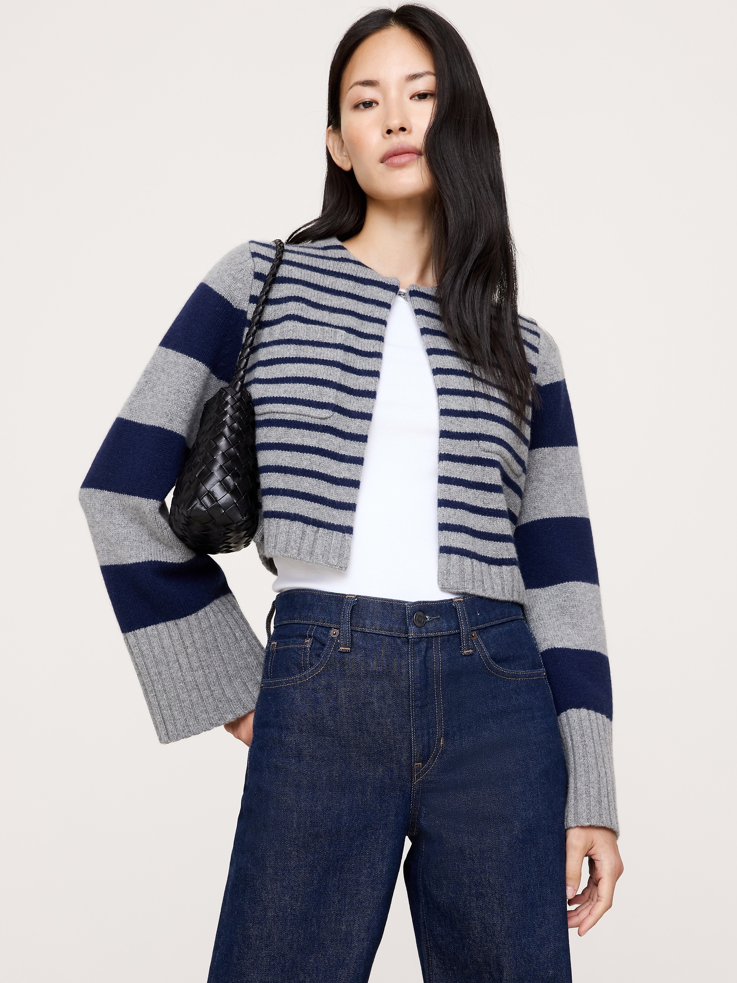 Merino-Cashmere Crop Cardigan - Gray Stripe
