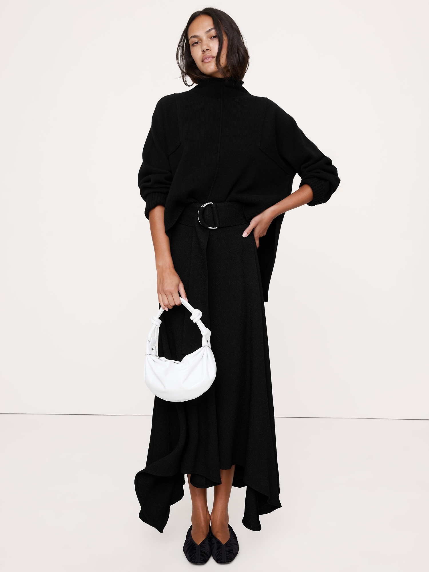 Pebbled Crepe Long Midi Skirt - Black