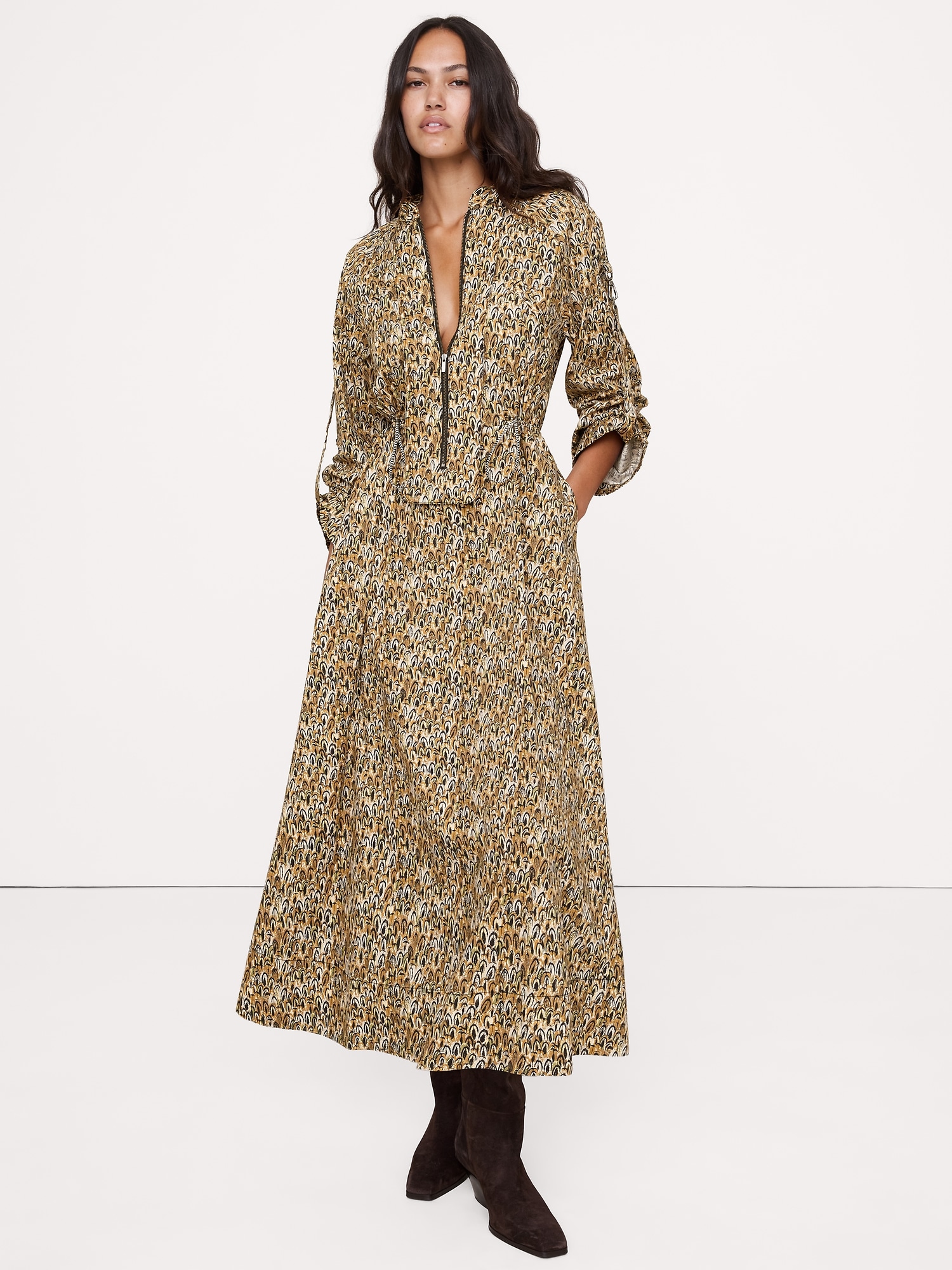 Cotton Utility Zip Long Midi Dress - Green Camo Feathers