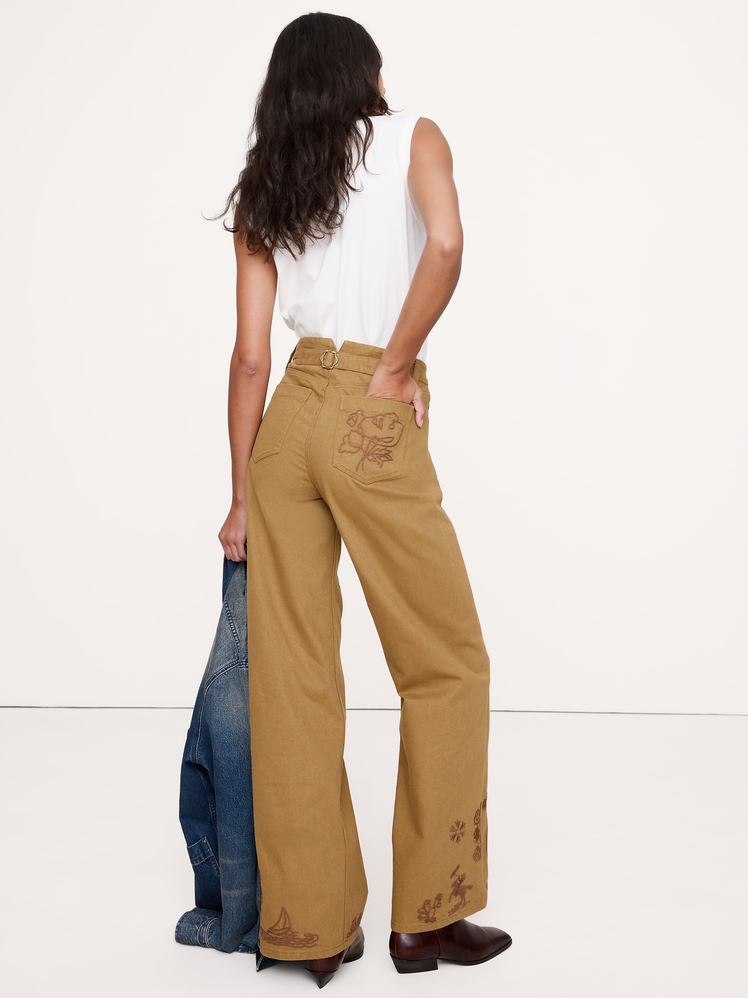 Image number 3 showing, High-Rise Embroidered Cotton Canvas Relaxed-Straight Pant