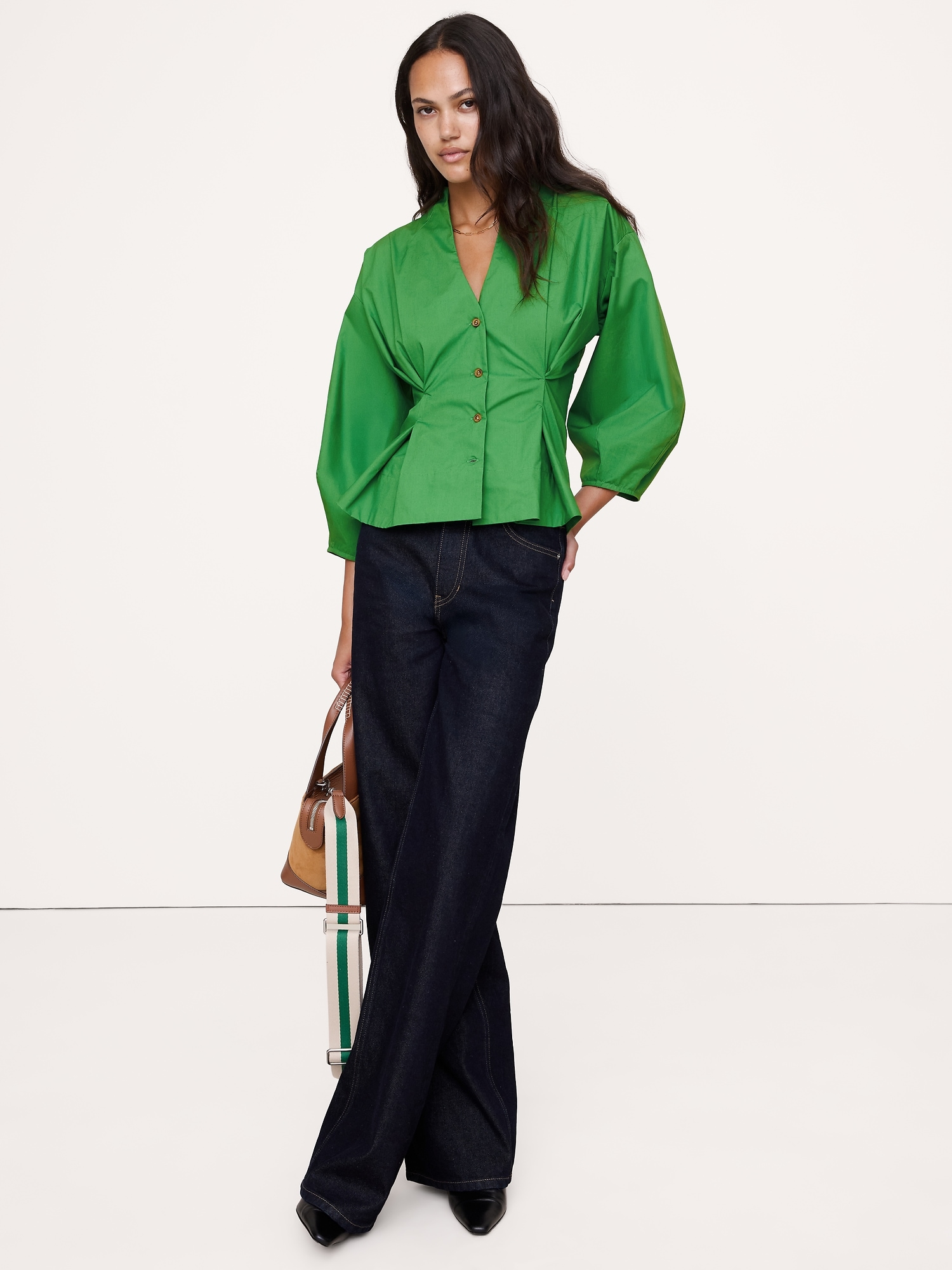 Cotton Poplin Cinched-Waist Shirt - Green Amazon